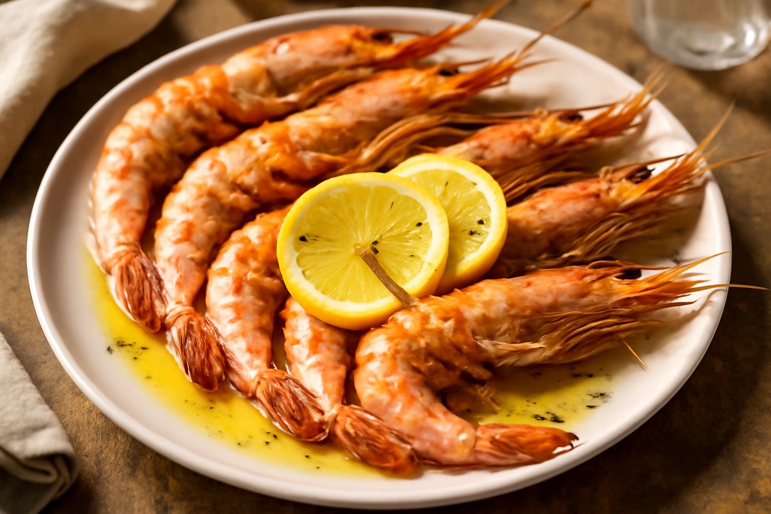 Gamberoni rosati in primo piano su griglia calda, gocce di olio lucido sulla superficie, limone fresco a spicchi e prezzemolo verde sul piatto bianco