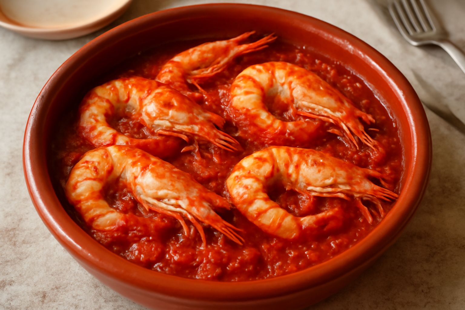 Gamberoni rosa e bianchi in una padella di terracotta con salsa di pomodoro rosso brillante, aglio affettato, prezzemolo fresco e gocce d'olio extravergine