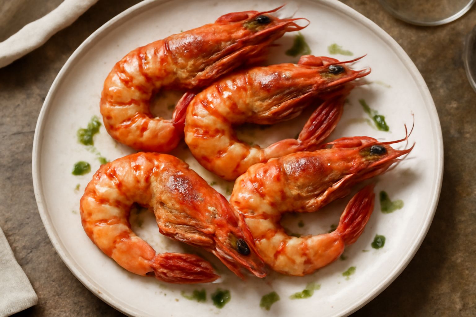 Gamberoni rossi e rosa disposti su una piastra scura ancora calda, con gocce di olio lucido, spicchi di limone e foglie di prezzemolo fresco ai lati