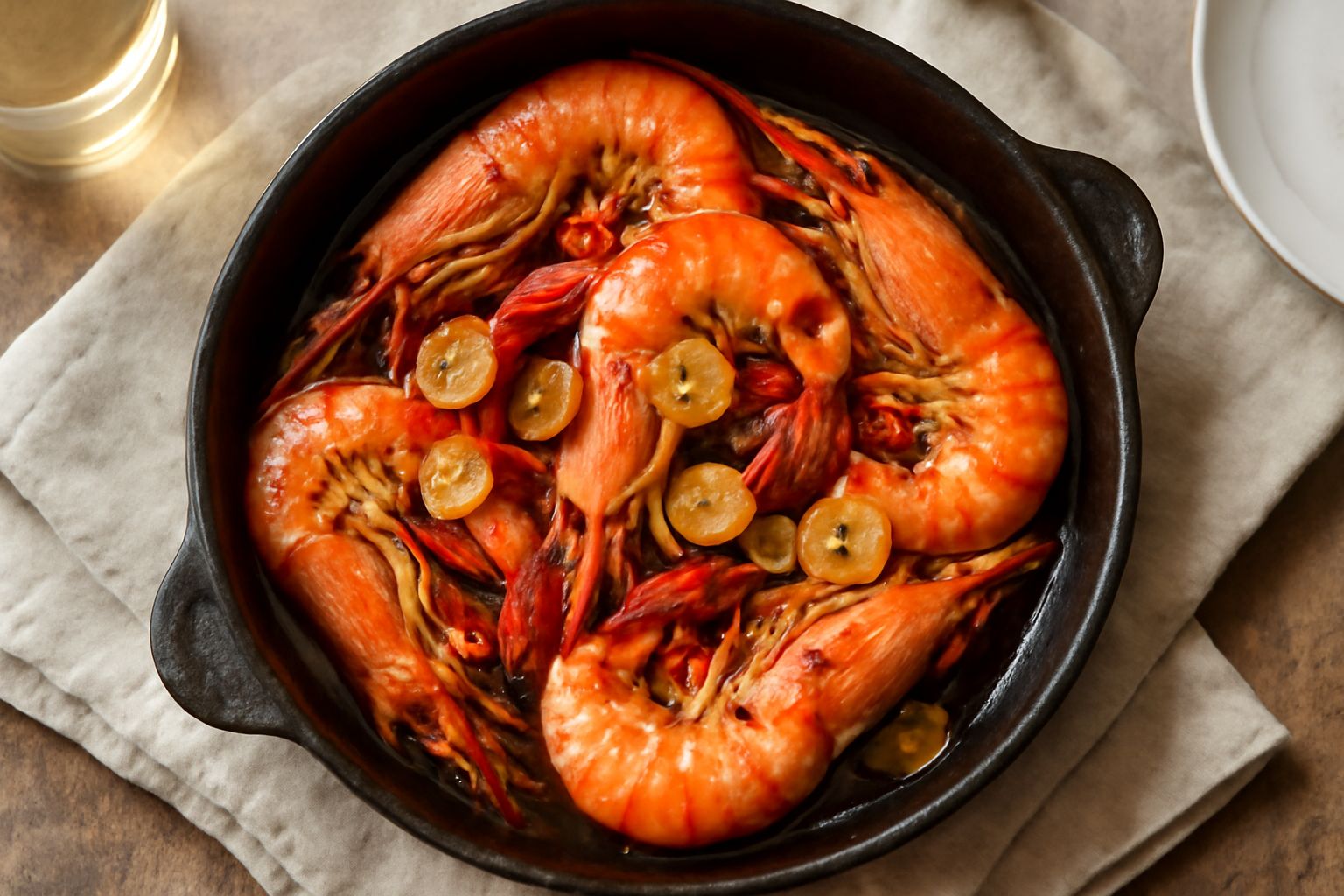Gamberoni rosati in una padella scura con aglio dorato, olio lucido, peperoncino rosso spezzato e prezzemolo fresco, accompagnati da limone a spicchi