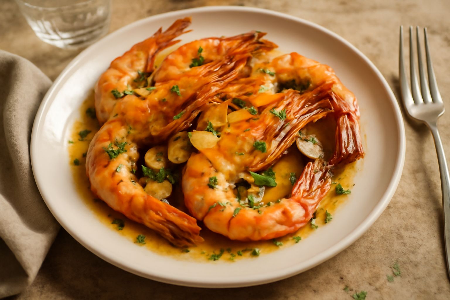 Gamberoni rosati saltati in padella con aglio dorato e olio d'oliva, prezzemolo fresco, in un piatto bianco, sfondo scuro