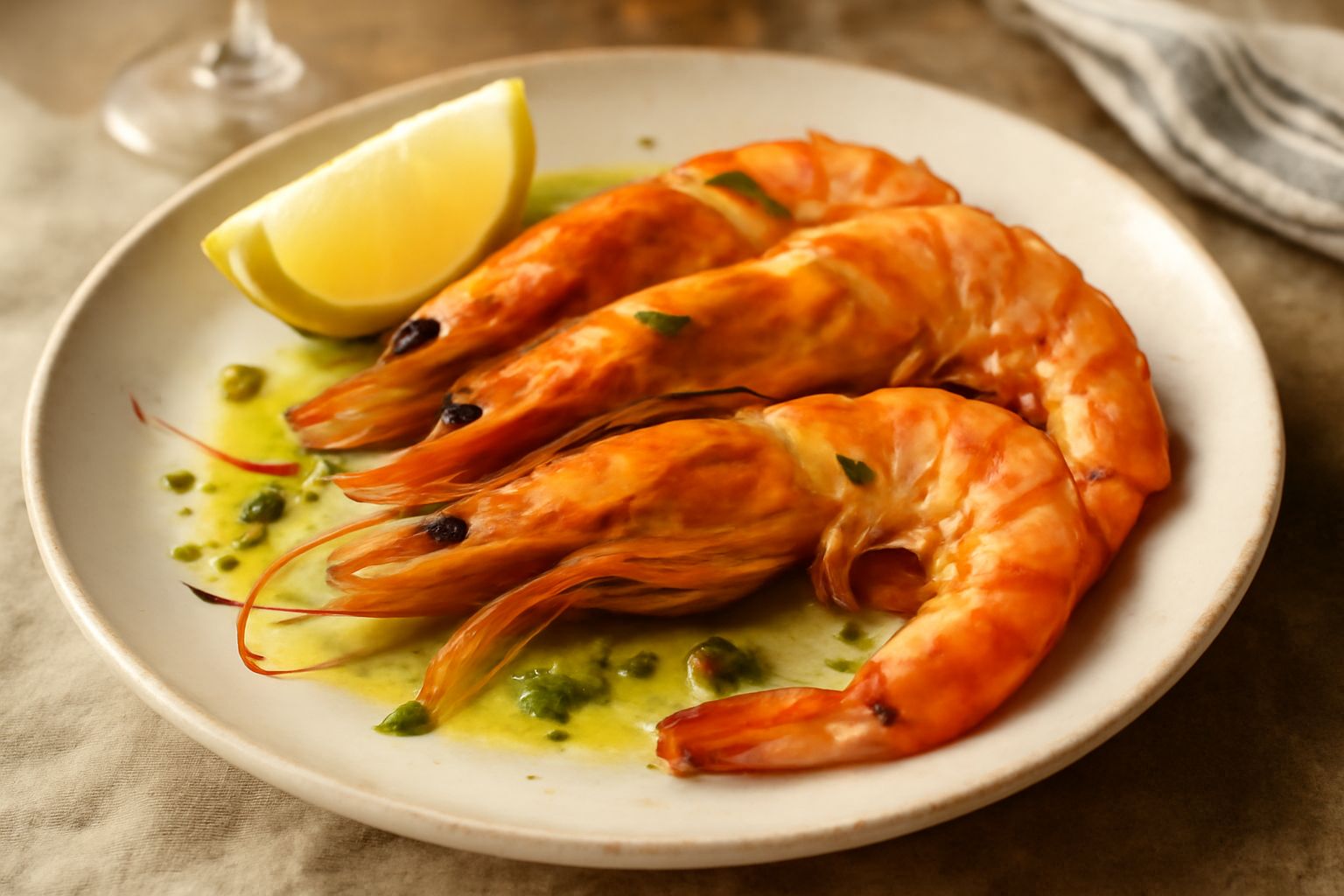 Gamberoni interi arrostiti di colore rosa dorato su piatto bianco, guarniti con spicchi di limone giallo e prezzemolo verde fresco