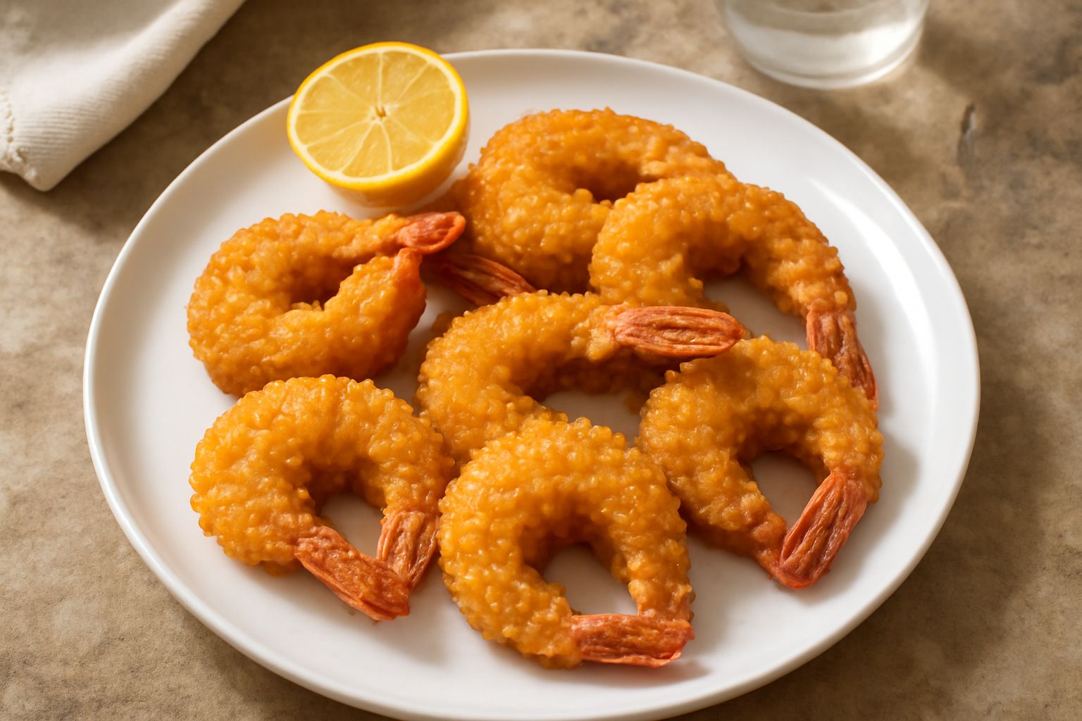 Gamberoni fritti color oro-dorato appena estratti dall'olio, con panatura croccante visibile, disposti su carta assorbente bianca, con limone fresco accanto e qualche foglia di prezzemolo