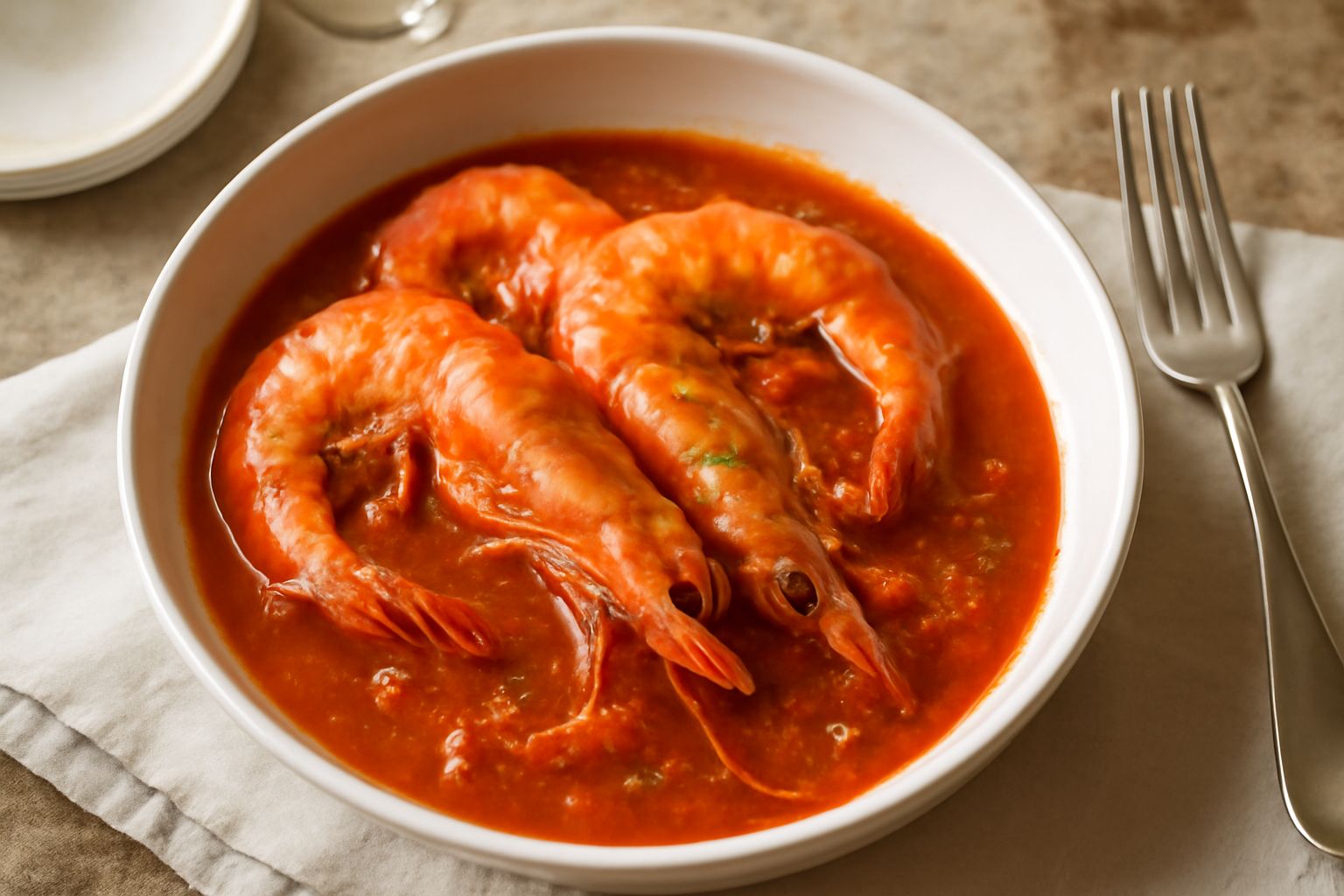 Gamberoni rosa e arancioni in umido dentro una pentola di terracotta, immersi in salsa pomodoro densa, con aglio bianco e prezzemolo verde sparso sopra, vapore leggero visibile