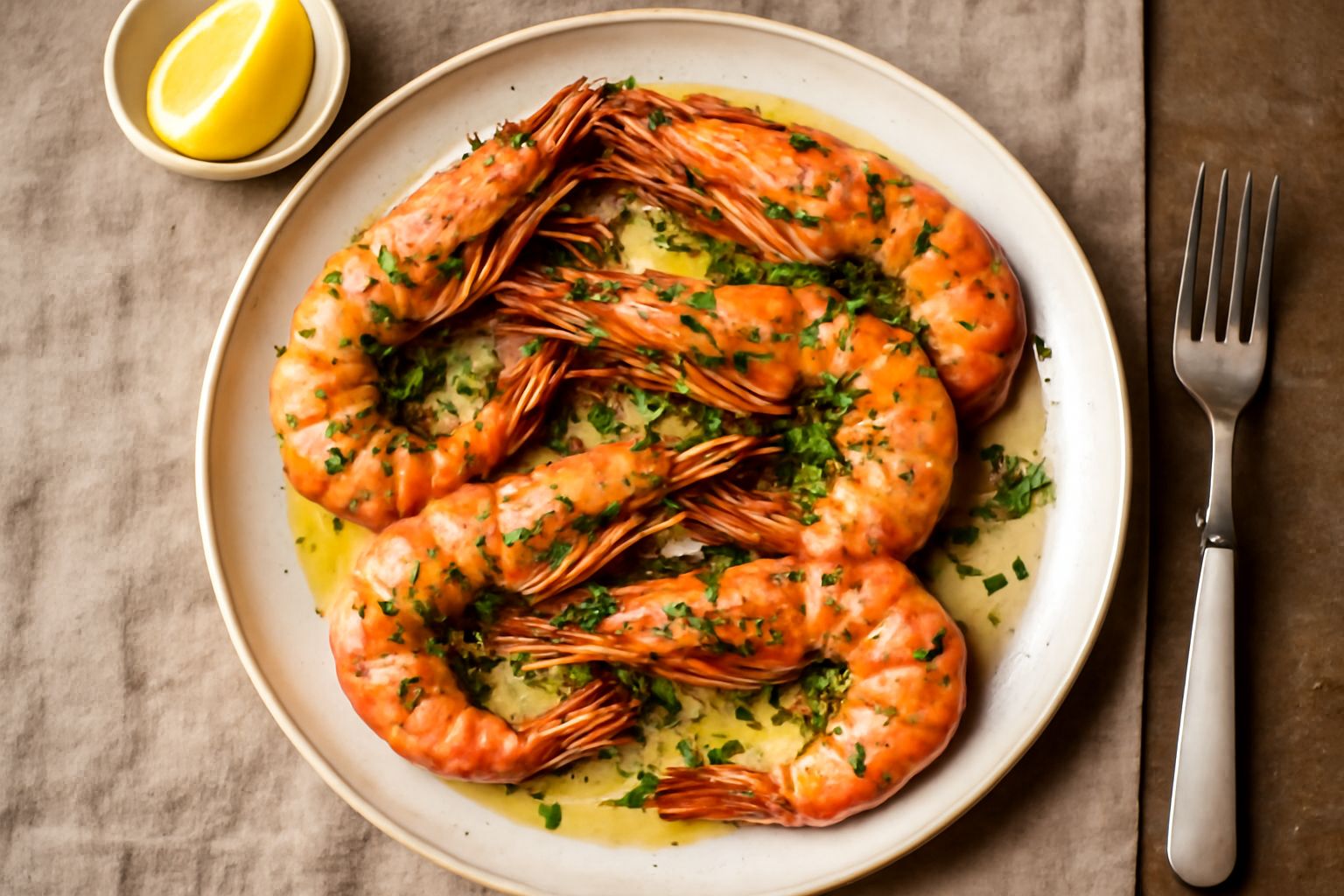 Gamberoni rosati e croccanti disposti in una ciotola bianca con fettine di limone, prezzemolo verde e gocce di olio d'oliva lucido