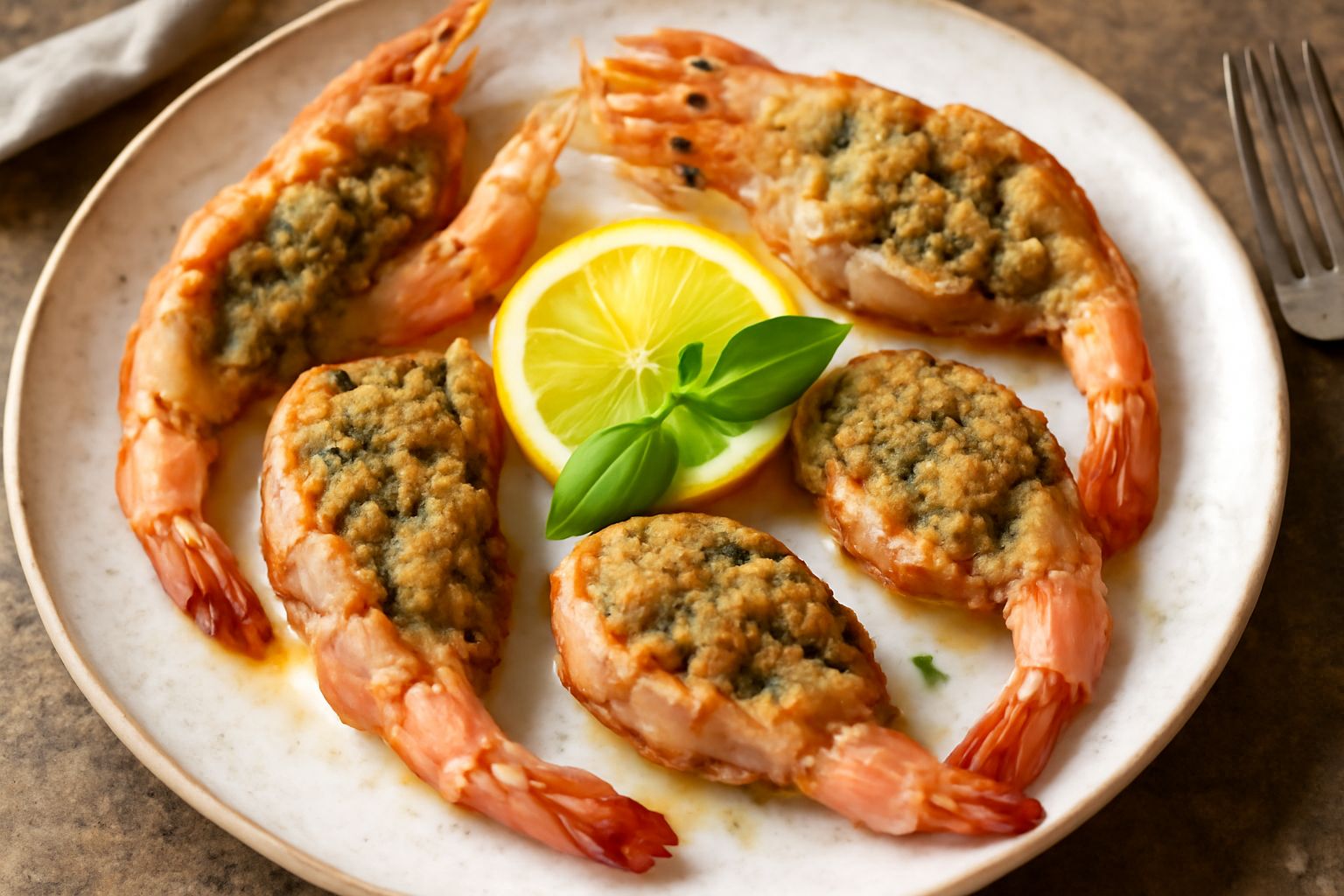 Gamberoni ripieni dorati in padella, aperti nel dorso con ripieno di pangrattato e prezzemolo verde, serviti con limone fresco e insalata mista nel contorno