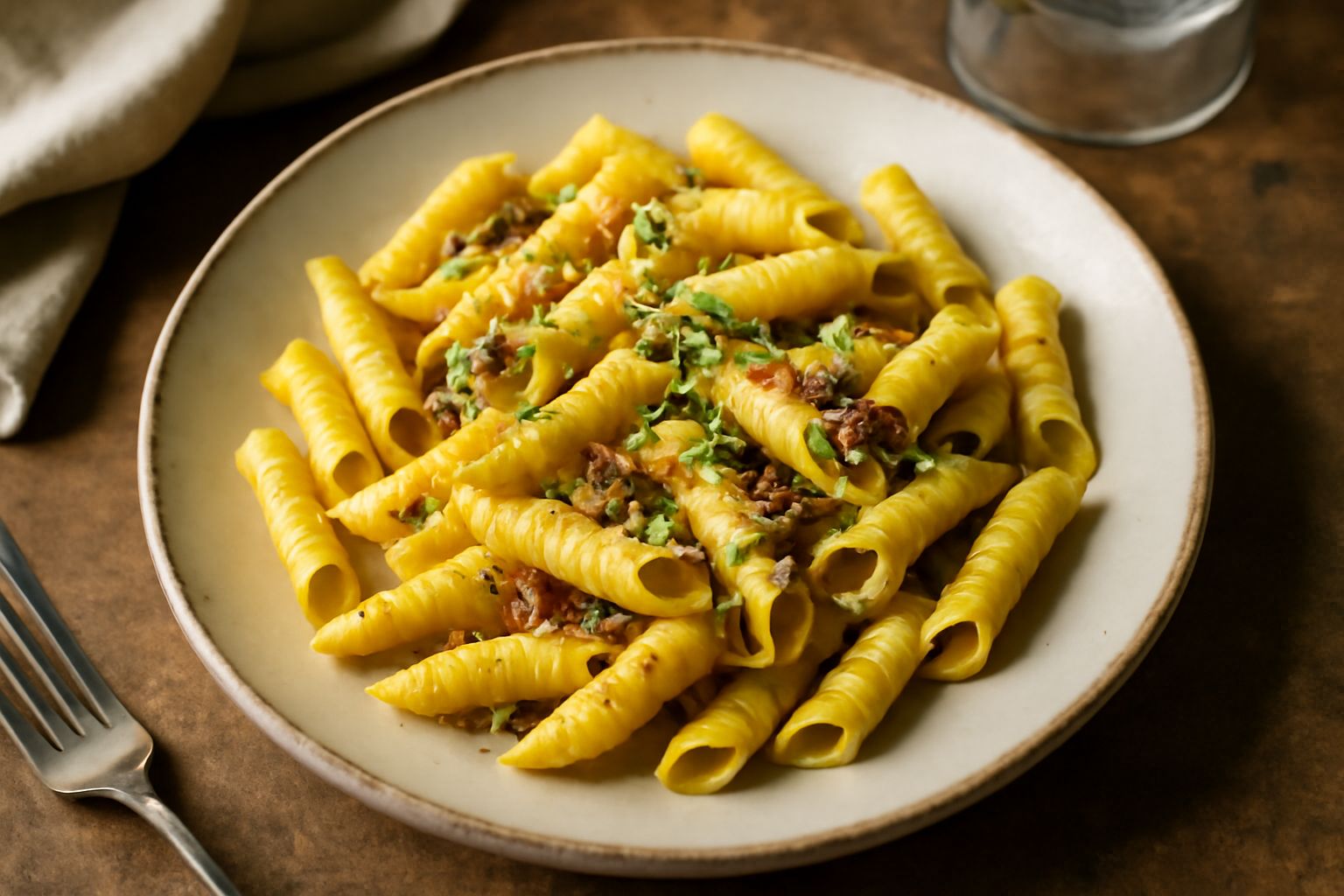 Garganelli crudi disposti su una tavola di legno bianco, tubi di pasta gialla con righe parallele evidenti, accanto uova, farina e un pettine di legno