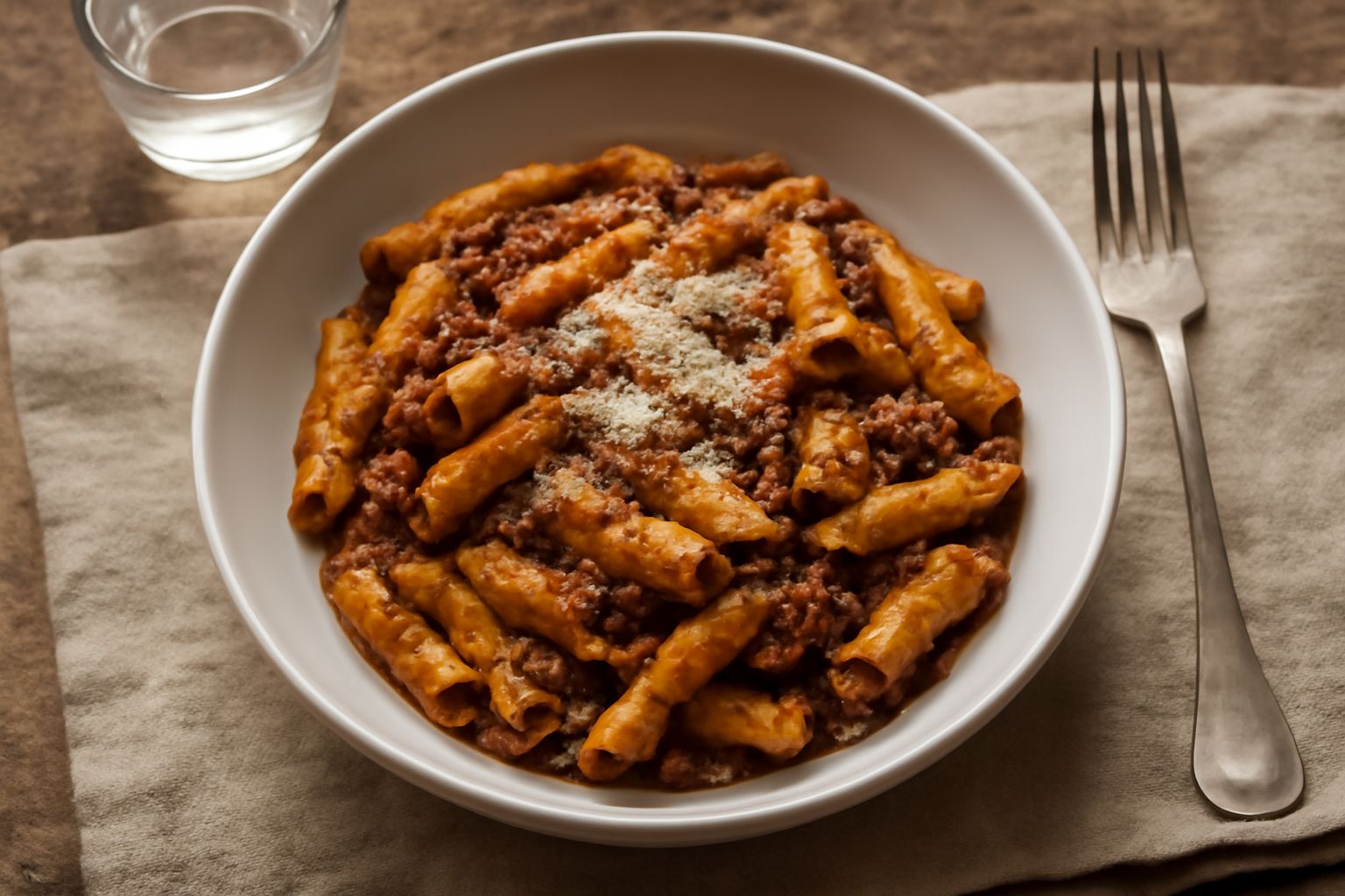 Piatto di garganelli al ragù: pasta corta rigata marrone dorato coperta uniformemente da ragù rosso scuro, guarnita di parmigiano bianco grattugiato, servita in piatto bianco fondo con accanto cucchia
