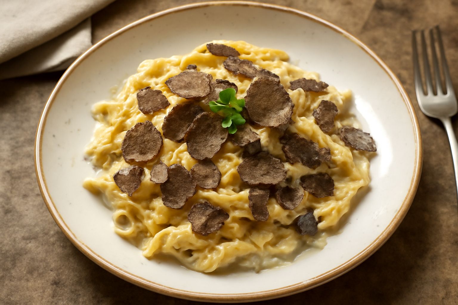 Piatto bianco con garganelli rigatati ricoperti di salsa cremosa e scaglie di tartufo nero, guarniti di prezzemolo fresco tritato, vapore leggero sulla pasta