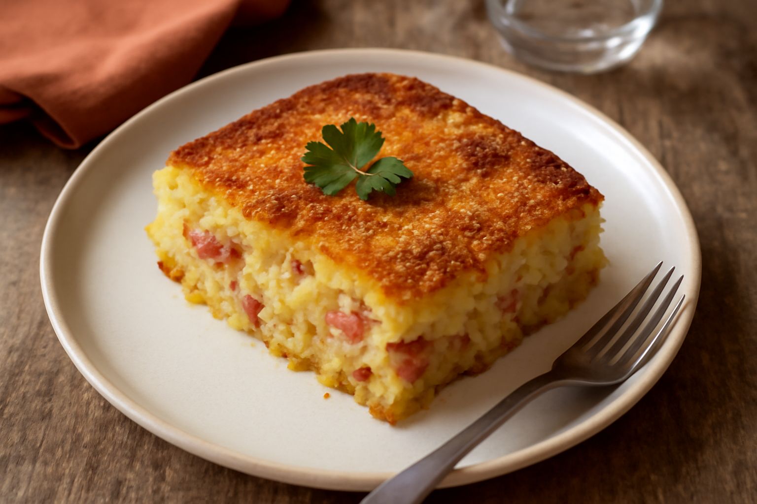 Gateau di patate dorato e affettato su un piatto bianco, con la crosta croccante visibile e l'interno cremoso di patate e formaggio
