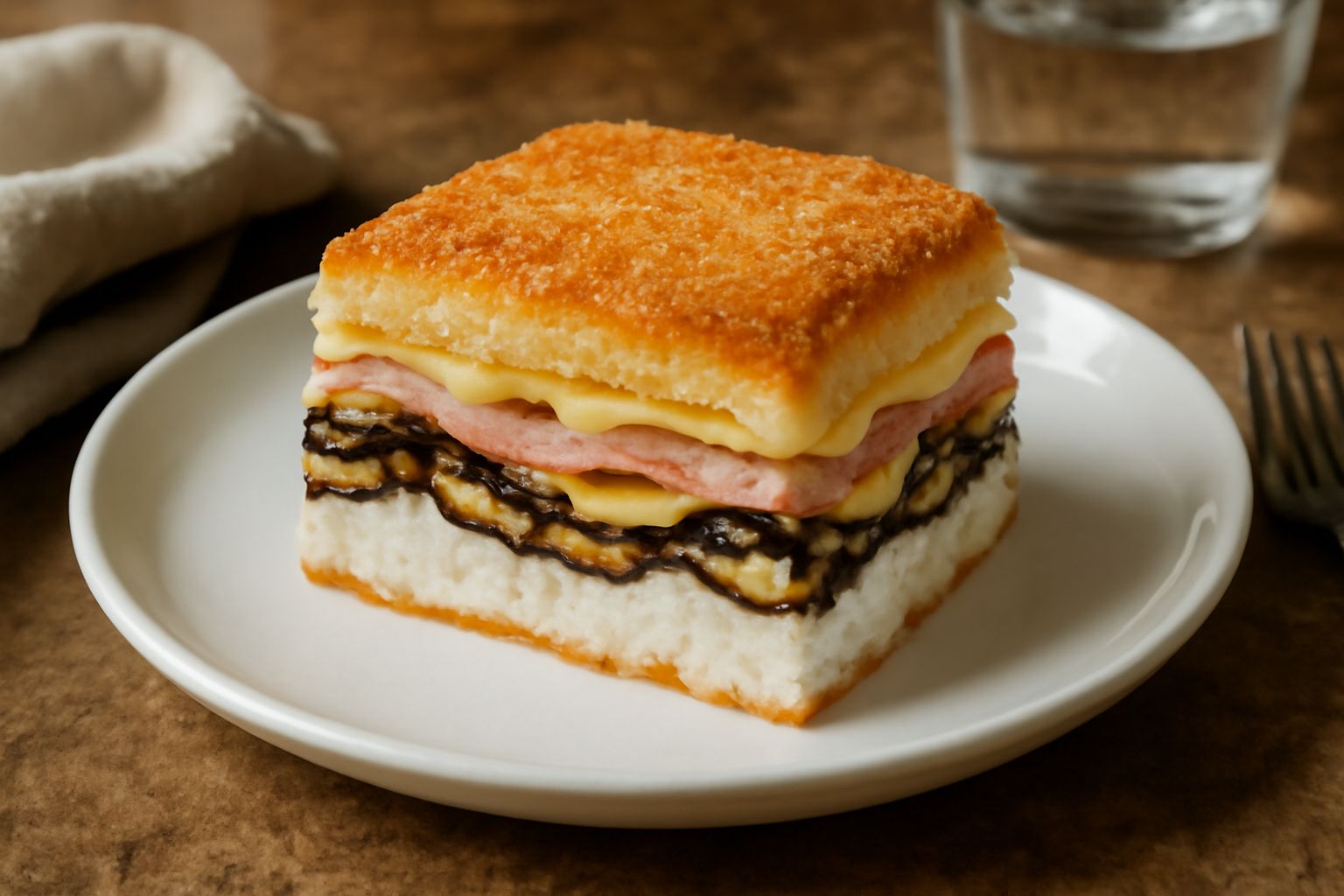 Gâteau salato affettato in porzioni, con strati visibili di ricotta bianca, verdure grigliate colorate, prosciutto rosato e formaggio giallo, servito su un piatto bianco con contorno di insalata fresc