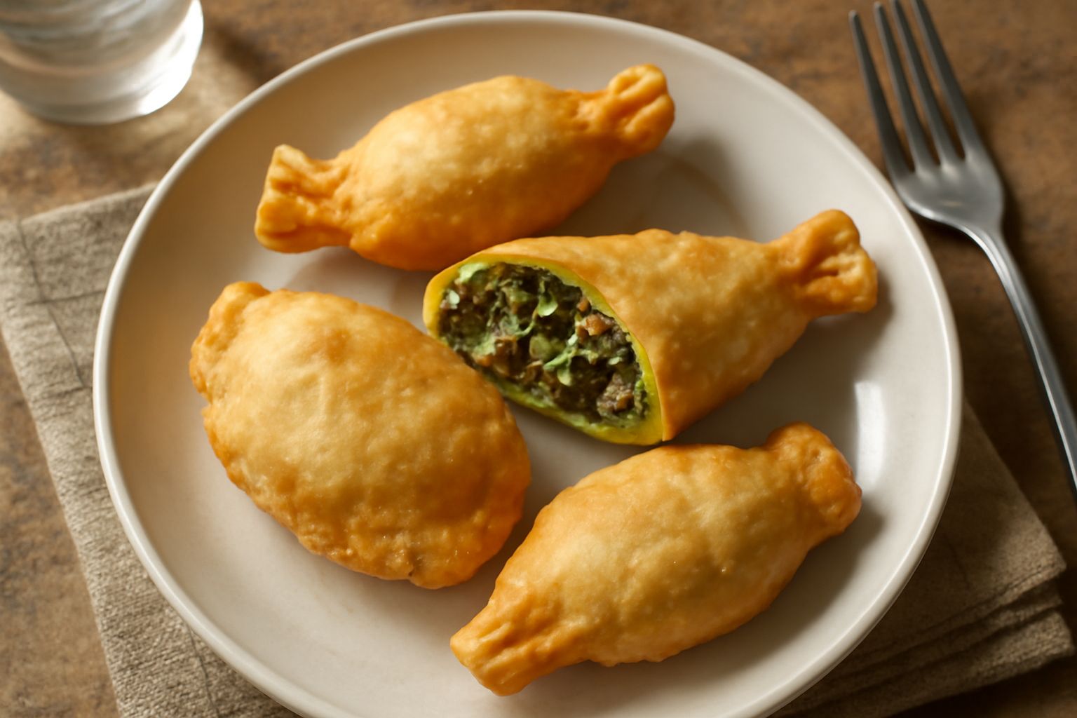 Tre gattafin appena fritti, dorati e croccanti, disposti su carta assorbente, con visibile il ripieno verde di bietole che fuoriesce leggermente dal bordo, cosparsi di zucchero semolato