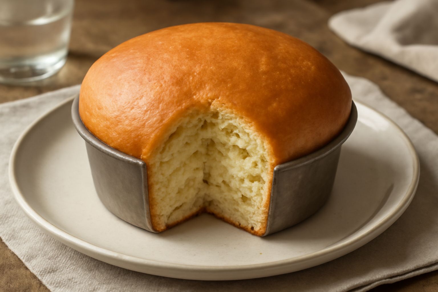 Un gatto di pane dorato e cotto in stampo, tagliato a fette, con la mollica soffice color nocciola, servito su un piatto bianco con una tazza di latte accanto
