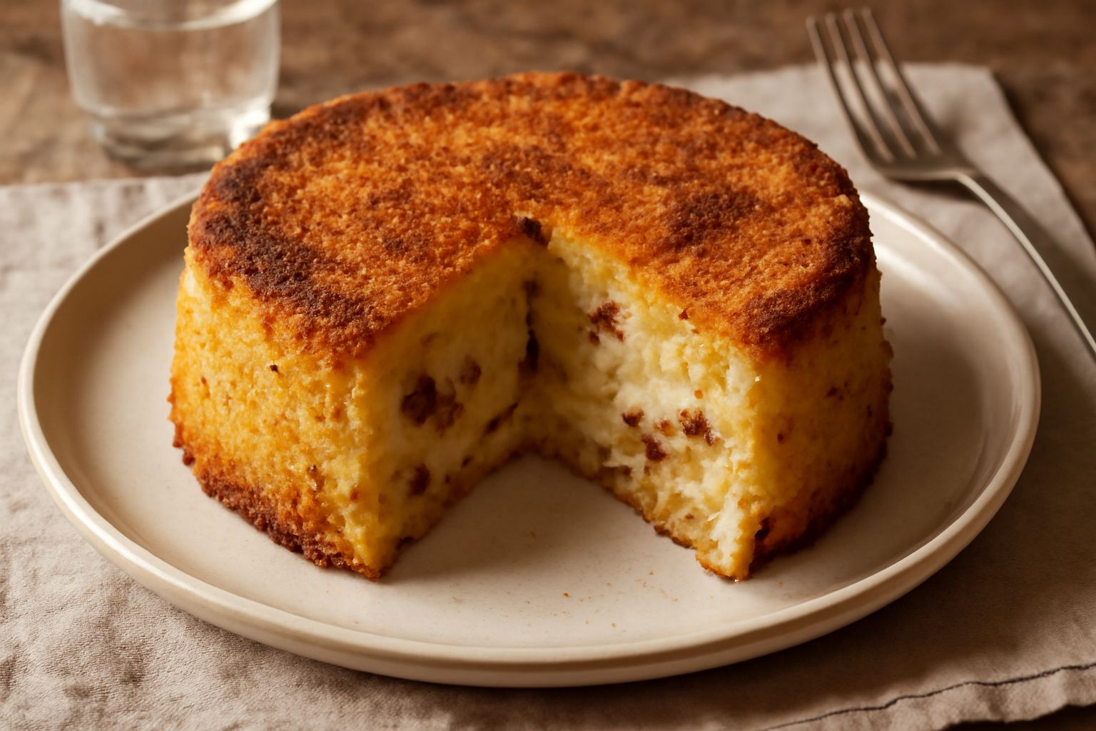 Timballo di gattò di patate con crosta dorata e sfoglia di pangrattato, tagliato a fette che mostrano l'interno cremoso e le venature del ragù e della mozzarella, servito in piatto bianco