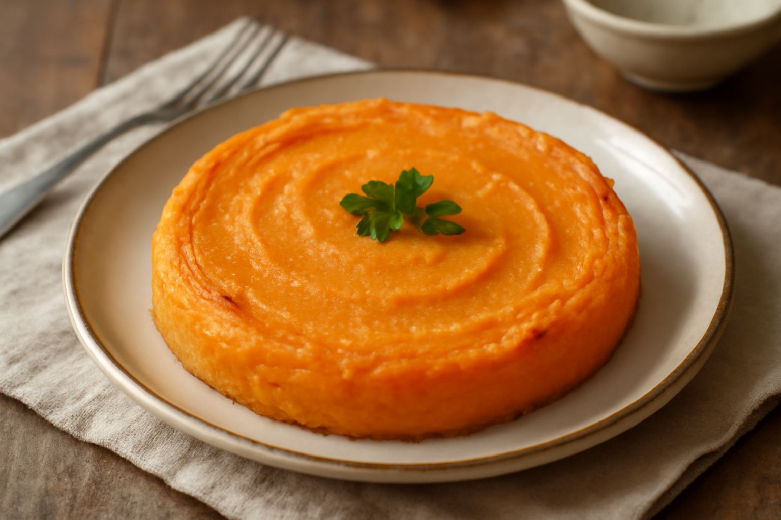Gatto di patate dolce in teglia rotonda: purè color arancio dorato con superficie leggermente ondulata, bordi leggermente caramellati, guarnito da formaggio grattugiato e basilico fresco, impiattato i