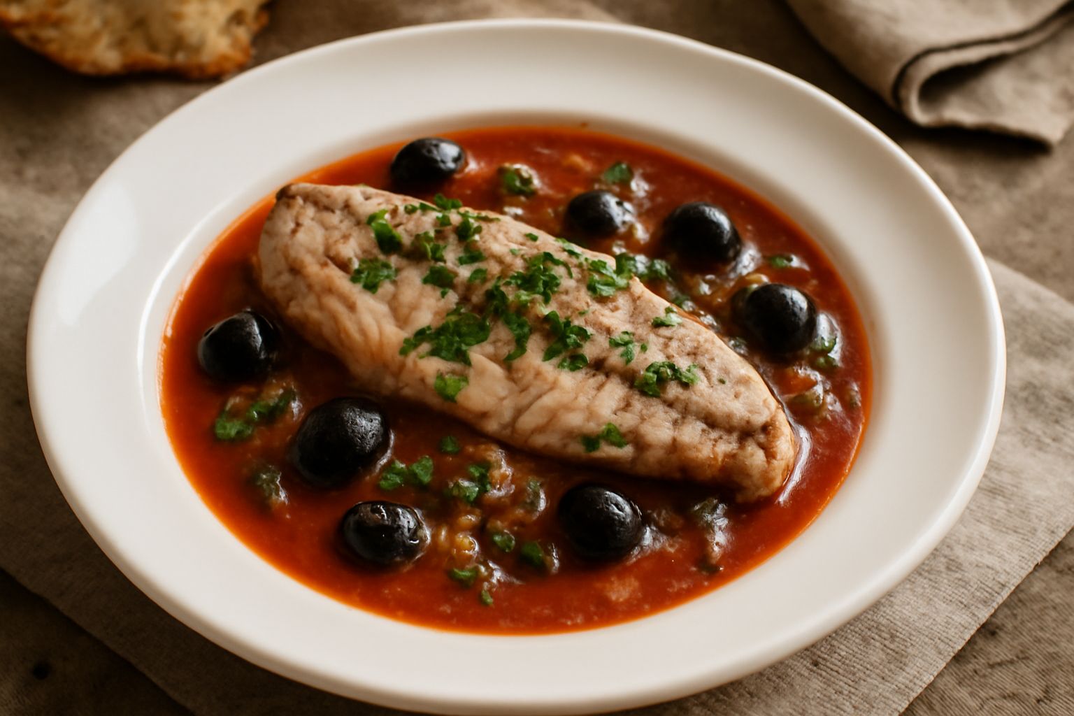 Gattuccio cotto in umido in una casseruola di terracotta con salsa di pomodoro, olive nere e prezzemolo fresco verde, servito in bianco con pane tostato accanto