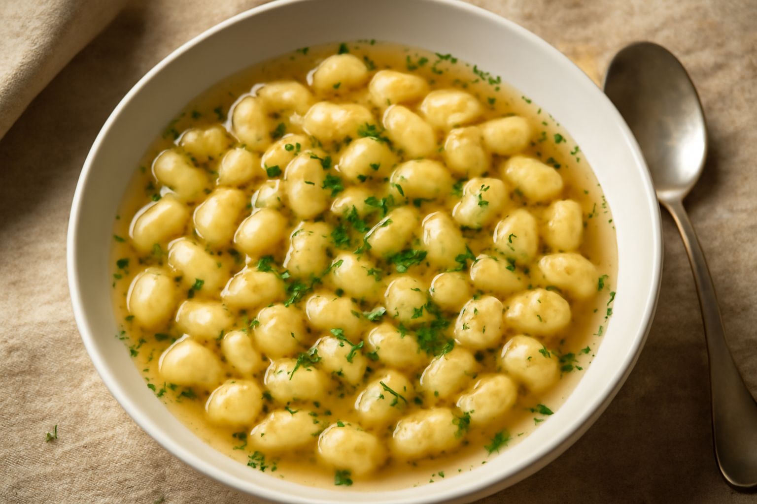 Ciotola bianca con gavetelli gialli in brodo trasparente freddo, decorati con prezzemolo verde fresco e un filo di olio, vista dall'alto