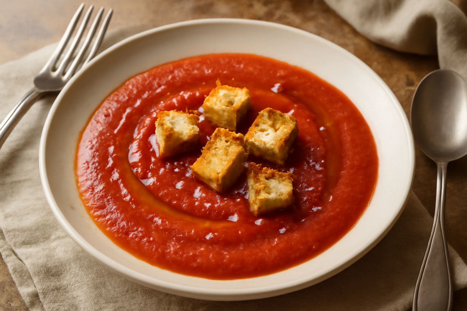 Gazpacho molisano rosso acceso versato in una ciotola bianca, con visibili piccoli pezzi di pomodoro e peperone, condito con filo di olio d'oliva e foglie di basilico fresco, accompagnato da fette di 