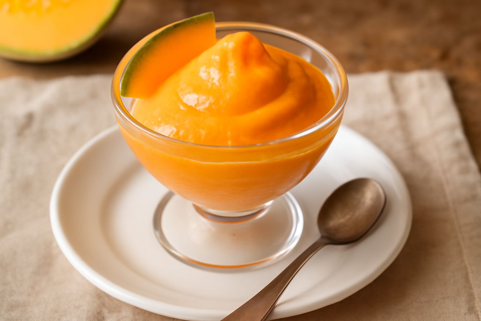 Gelata di melone arancione in un bicchiere di vetro trasparente, cremosa e densa, guarnita con una sottile fetta di melone fresco e qualche foglia di menta, servita su un piatto bianco.