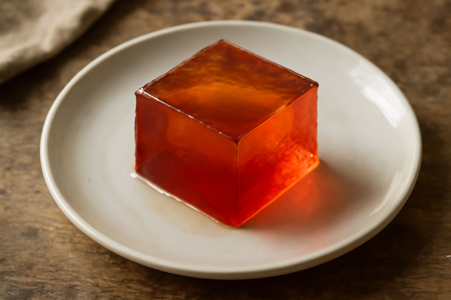 Gelatina trasparente di colore ambrato in bicchiere di vetro, tremolante, con superficie liscia e riflettente, posta su piatto bianco con cucchiaino d'argento accanto
