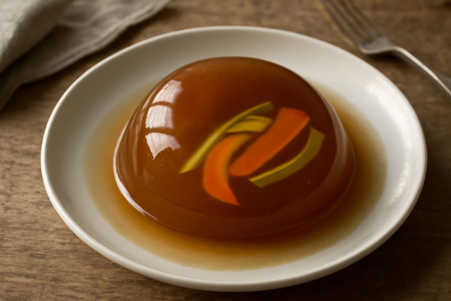 Gelatina di brodo ambrata in un piatto bianco, trasparente e lucida, decorata con verdure julienne e erba cipollina fresca