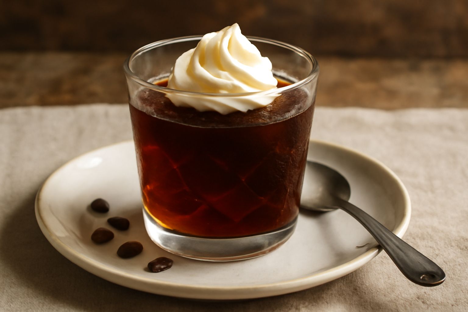 Gelatina di caffè in bicchiere trasparente, color ambrato brillante, tremolante, con crema montata bianca in cima e chicchi di caffè tostato decorati sul bordo
