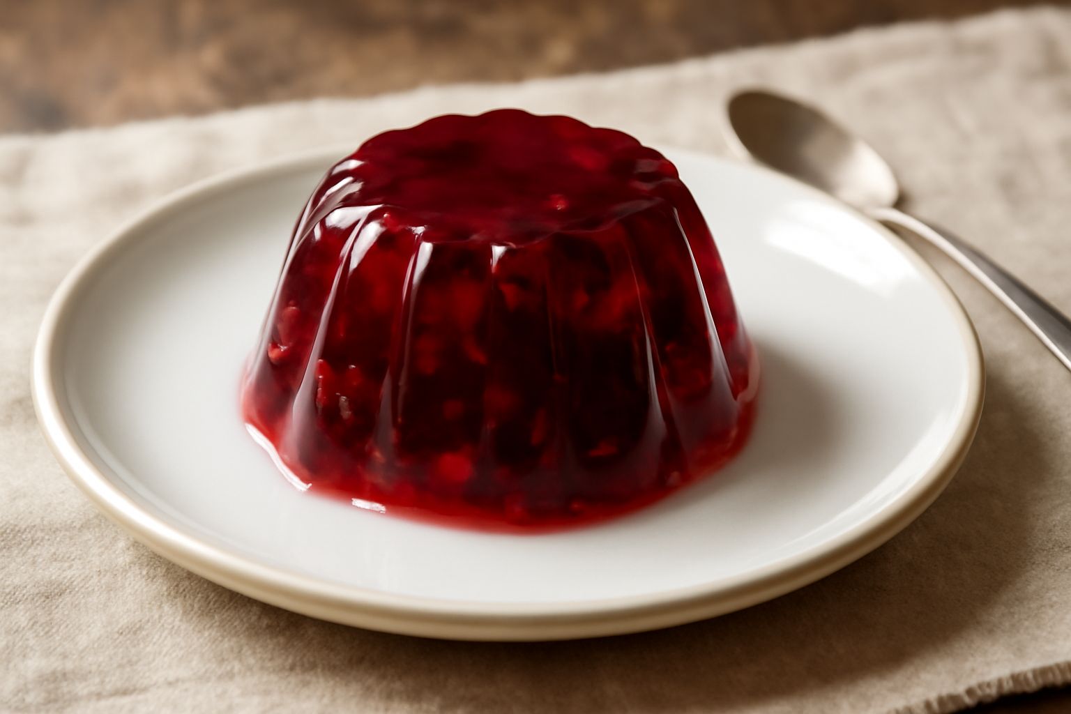 Gelatina di frutta trasparente color ambra in una coppa di vetro, tremolante, con fragole intere incastonate dentro, servita con un cucchiaio, su una base bianca pulita