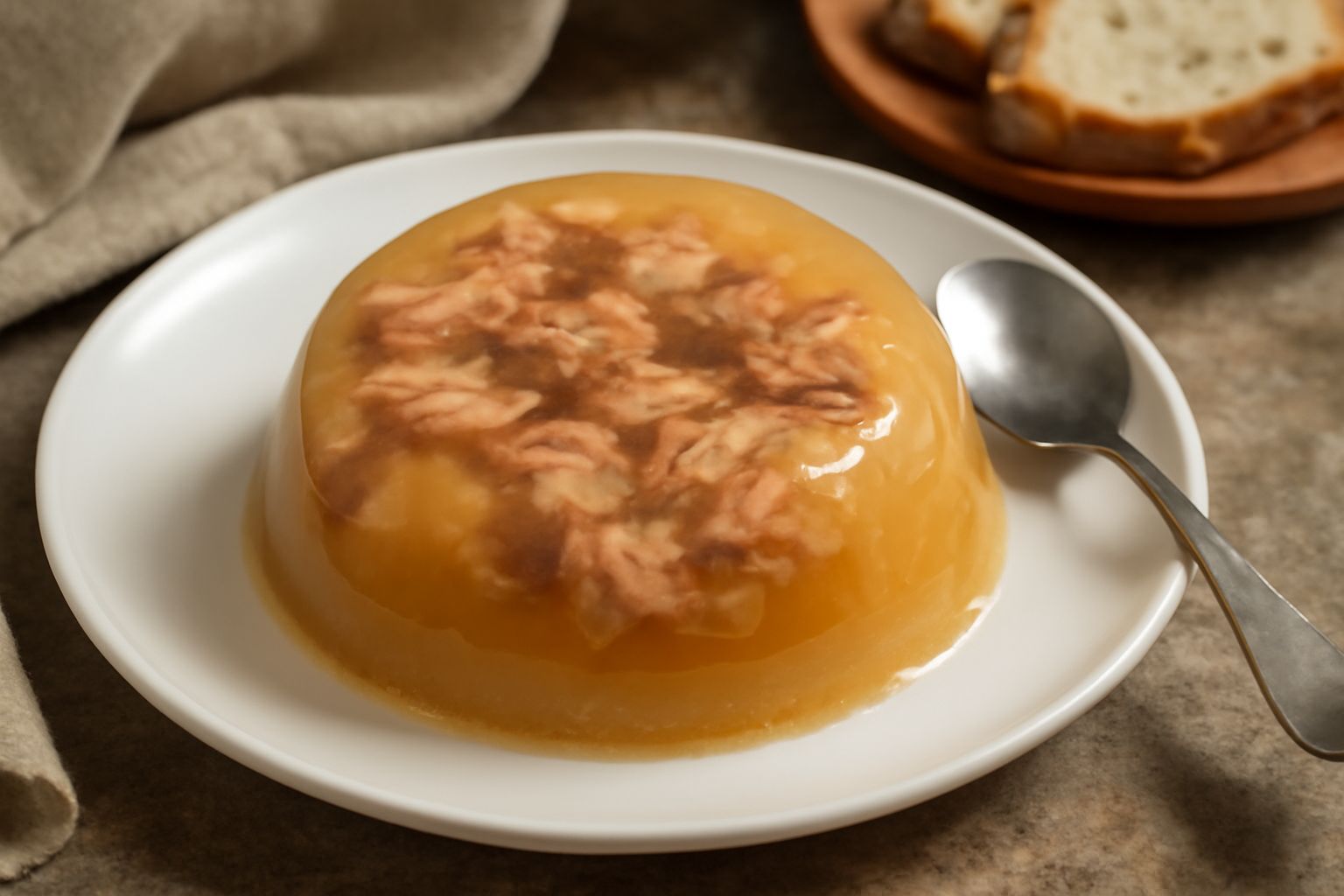 Gelatina di maiale traslucida dorata-rossiccia, servita in fette o in ciotola di ceramica bianca, decorata con prezzemolo fresco, contorno di pane tostato su piatto da portata