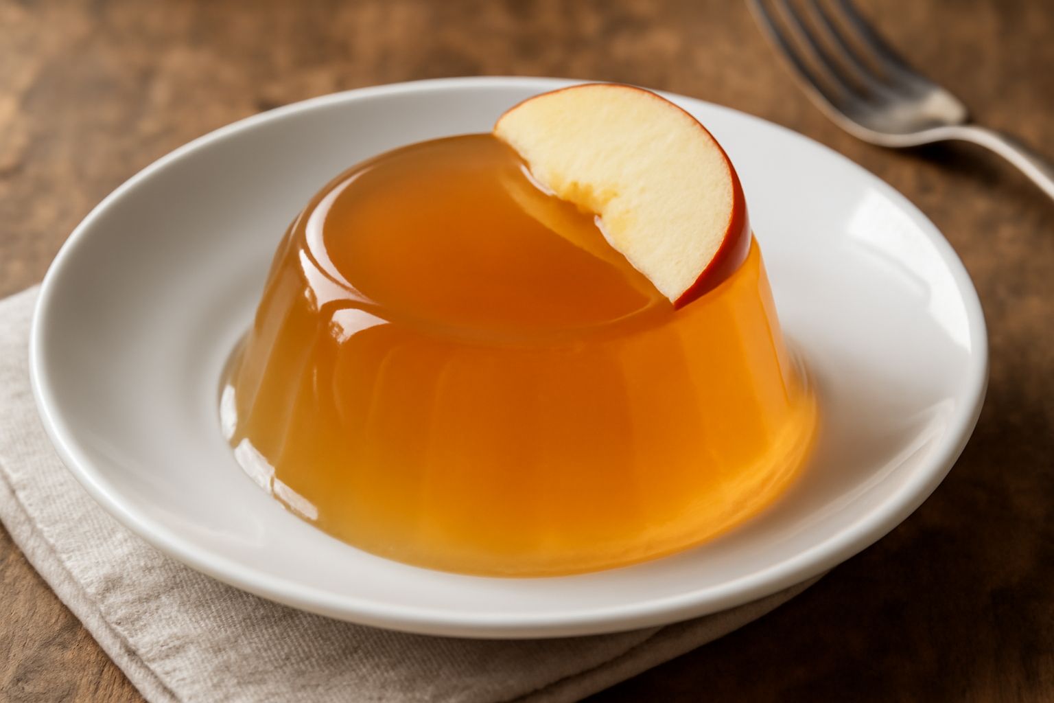 Gelatina di mela trasparente color ambra in un bicchiere da dessert, con superficie lucida e tremolante, guarnita con una fetta sottile di mela fresca sulla sommità