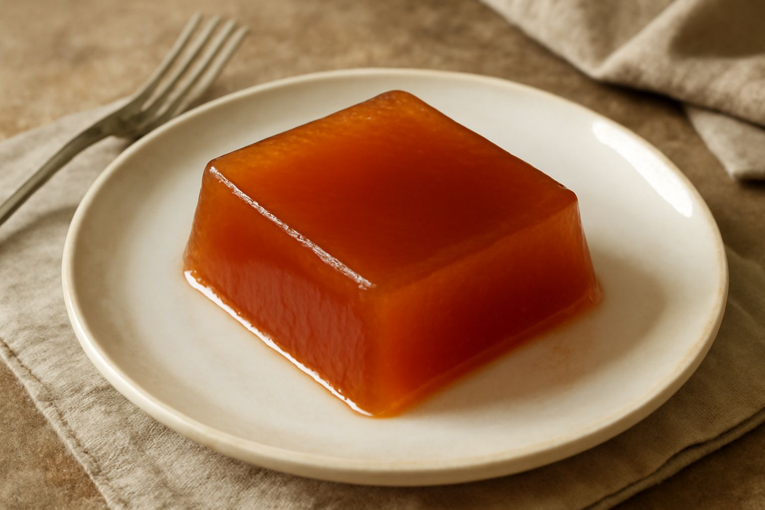 Un barattolo di vetro con gelatina di mela cotogna di colore ambrato intenso, trasparente, con superficie liscia e brillante. Un cucchiaio d'argento appoggiato sopra. Sullo sfondo, due mezze mele coto