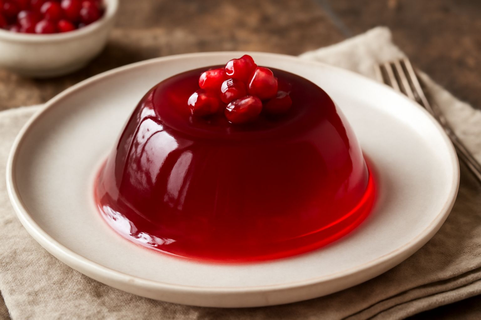 Gelatina di melograno trasparente di colore rosso rubino in una ciotola di vetro, servita su un piatto bianco con qualche chicco di melograno fresco a guarnire