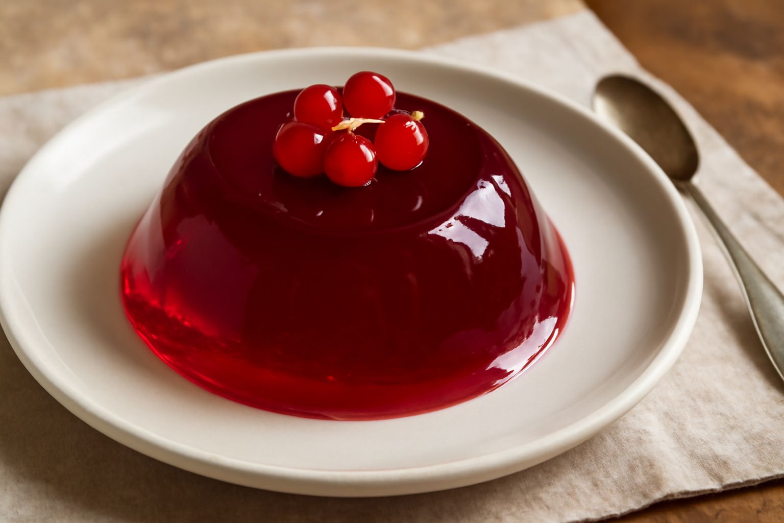 Gelatina di ribes trasparente color rubino in un piatto bianco, lievemente tremolante, con riflessi luminosi sulla superficie e alcuni chicchi di ribes rosso fresco poggiati accanto