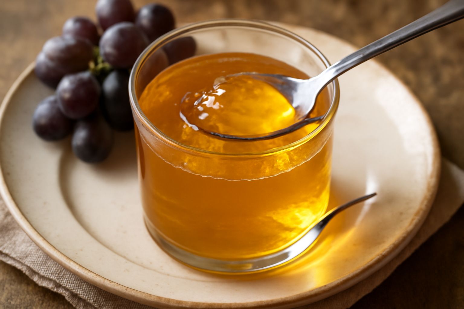 Gelatina di uva color ambra trasparente in un bicchiere di vetro trasparente, superficie liscia e brillante, con qualche goccia di rugiada, su tavolo bianco con un cucchiaio di vetro accanto