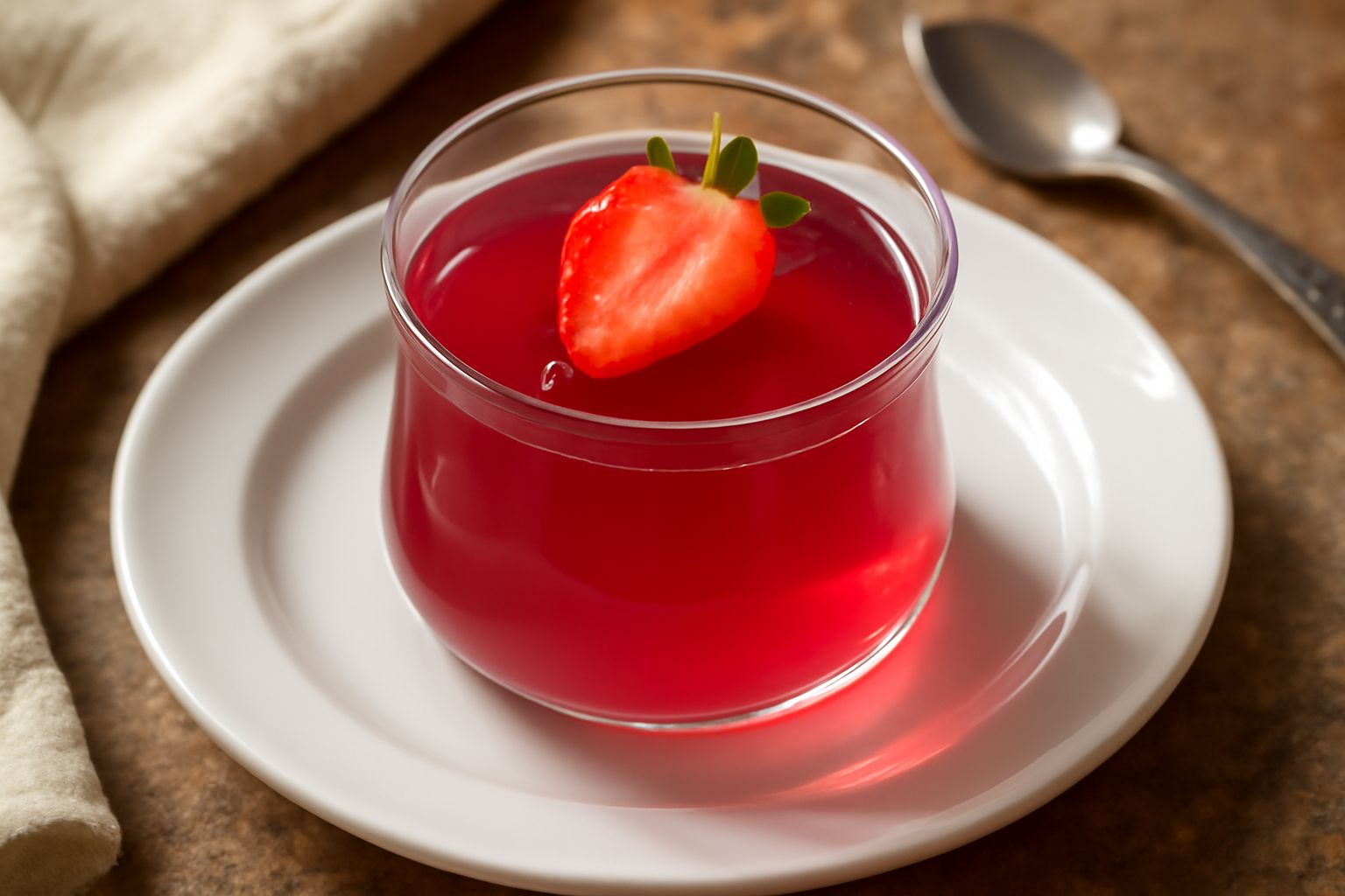 Gelatina di uva fragola di colore rosa rubino trasparente in bicchiere cristallo, decorata con una fragola fresca intera sulla superficie, con luce naturale che la rende luminosa
