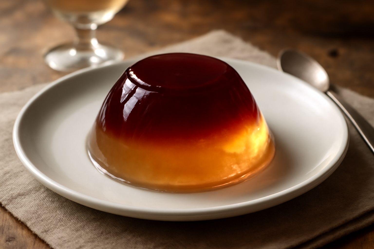 Gelatina di vino rosso trasparente in un bicchiere di cristallo, lucida e tremolante, con la luce che passa attraverso il colore cremisi profondo