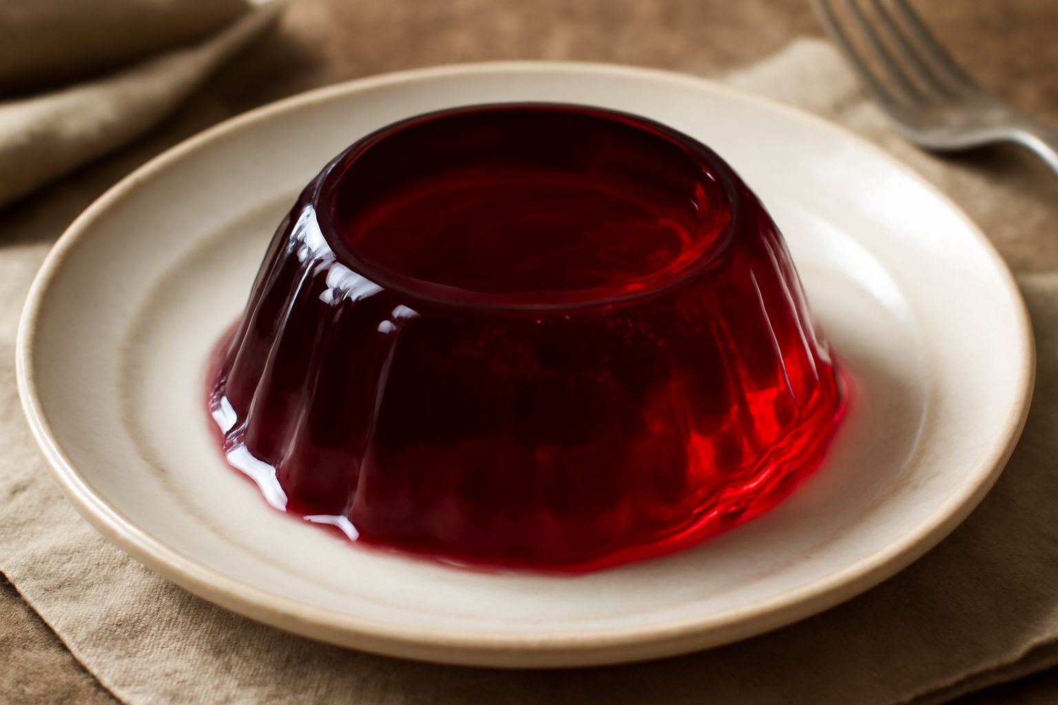 Gelatina di vino rosso trasparente e lucida in un bicchiere da cocktail, di colore rosso rubino intenso, leggermente tremolante, guarnita con una pallina di panna bianca in cima e una fetta di arancia