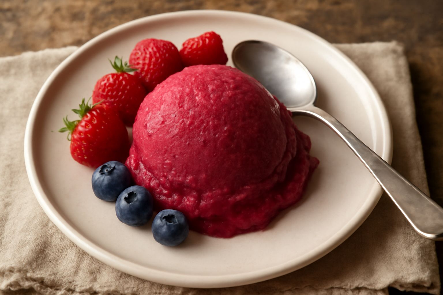 Coppetta di vetro con gelato ai frutti di bosco di colore rosso violaceo intenso, decorato con fragoline fresche e foglioline di menta, cucchiaino di legno poggiato sulla superficie, sfondo bianco