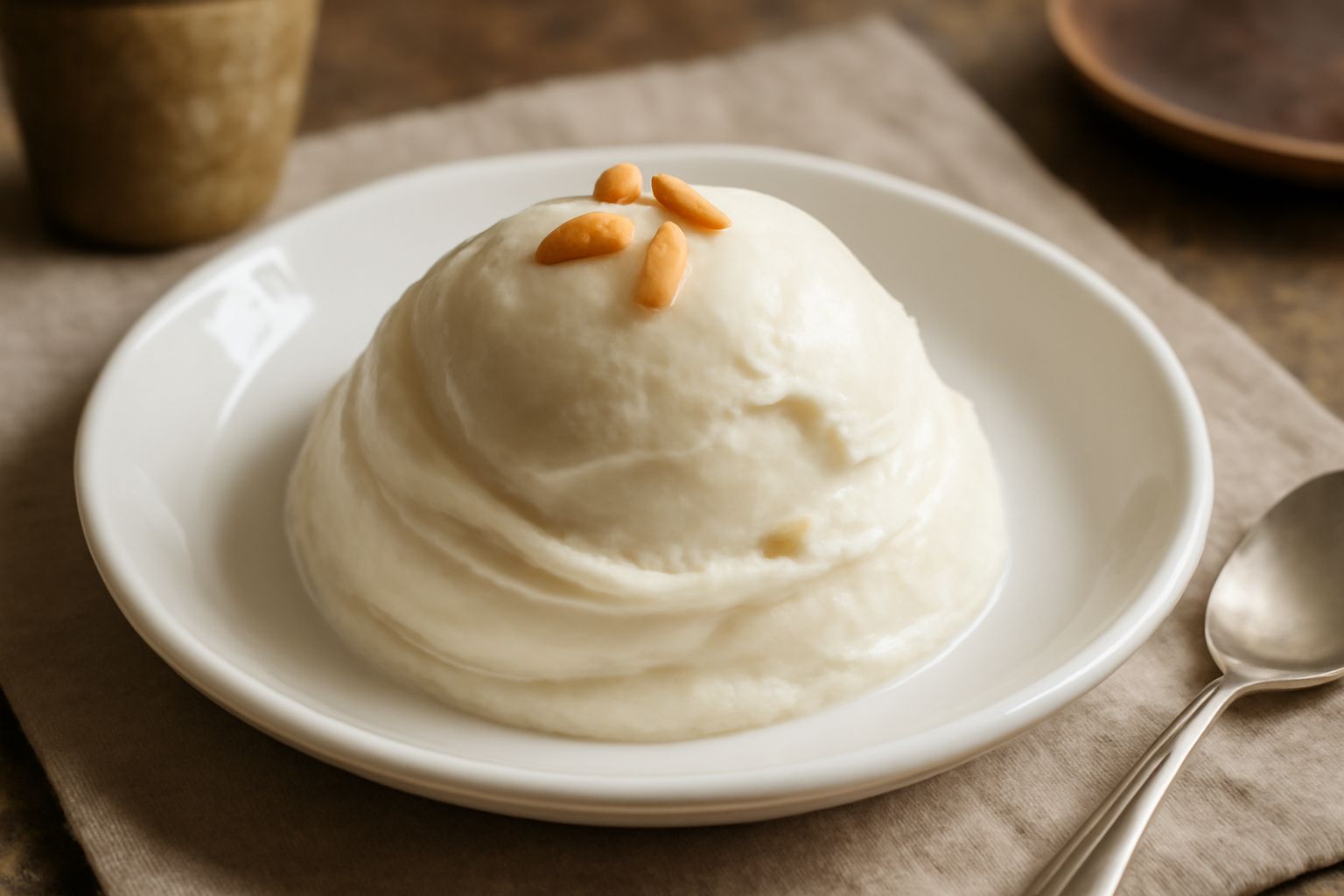 Gelato ai pinoli color avorio pallido servito in coppa di vetro con due cucchiai, con tre pinoli interi adagiati sulla superficie e sfondo bianco