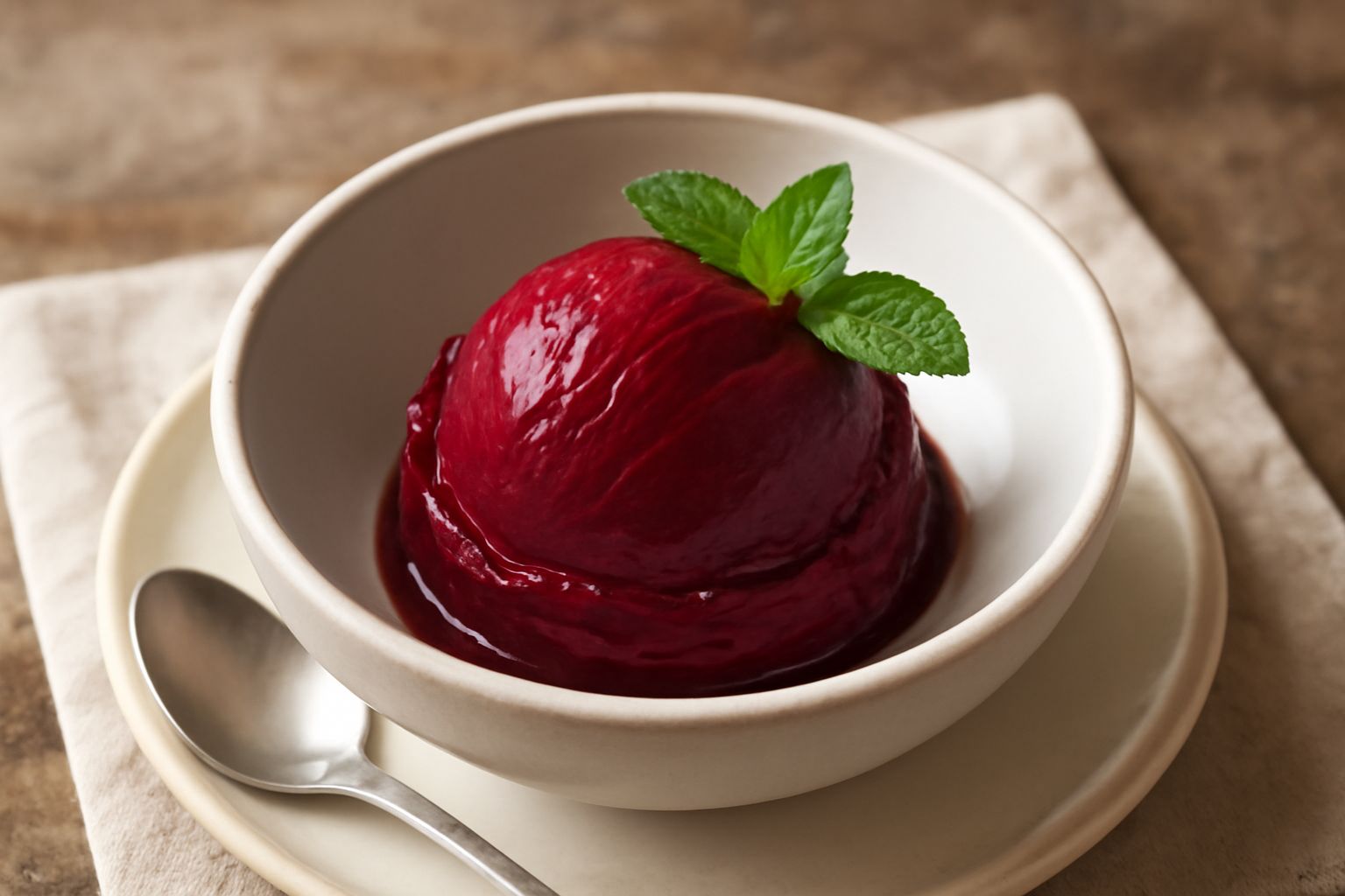 Gelato al Barolo di colore rosso scuro, servito in una ciotola bianca con una pallina liscia e compatta, guarnito con una foglia di menta e una curcuma in polvere, sfondo neutro