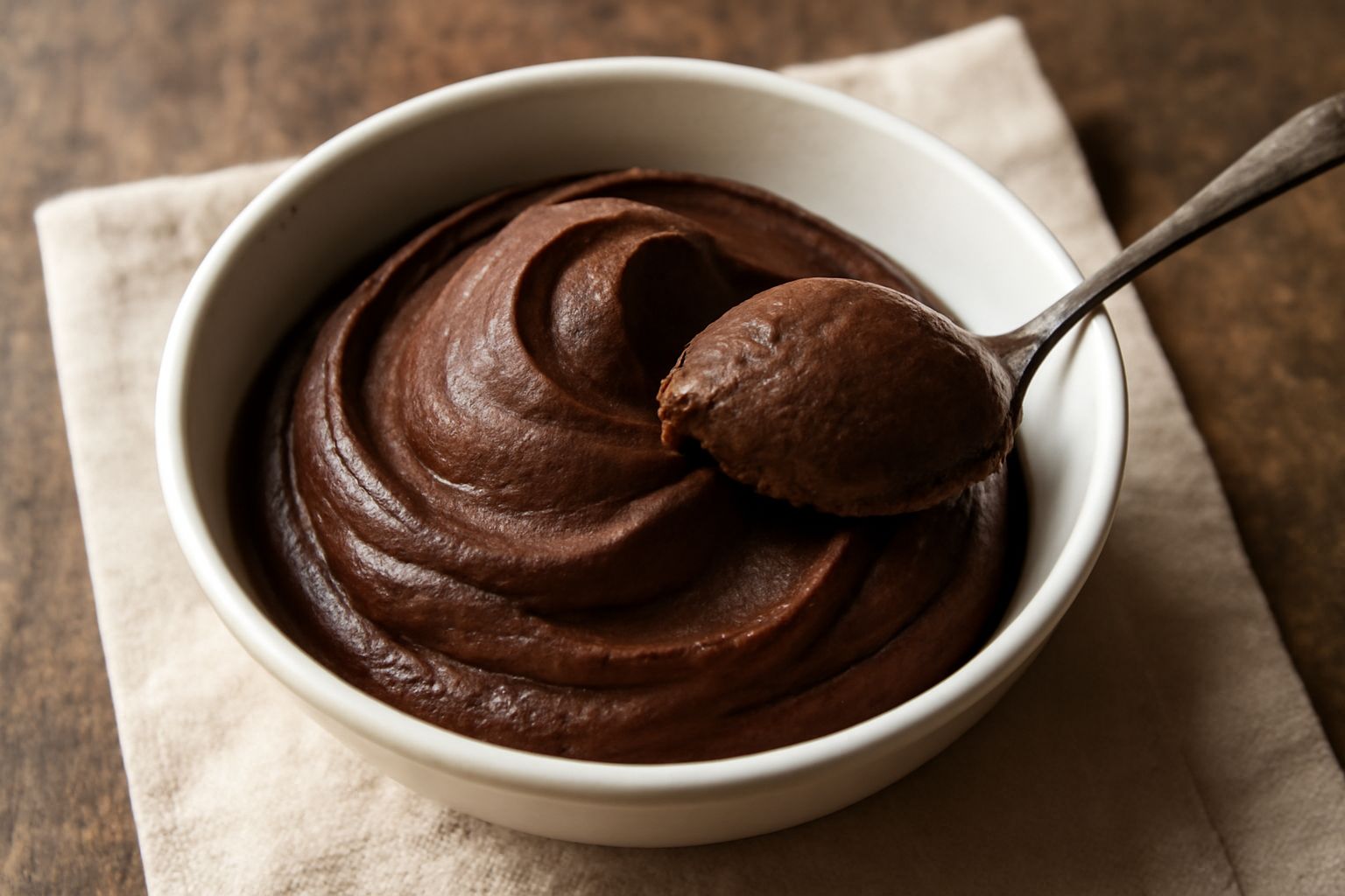 Gelato al cacao di colore marrone intenso, servito in coppetta bianca, due cucchiaiate morbide di gelato accanto a polvere di cacao e fave di cacao, su tavolo in legno