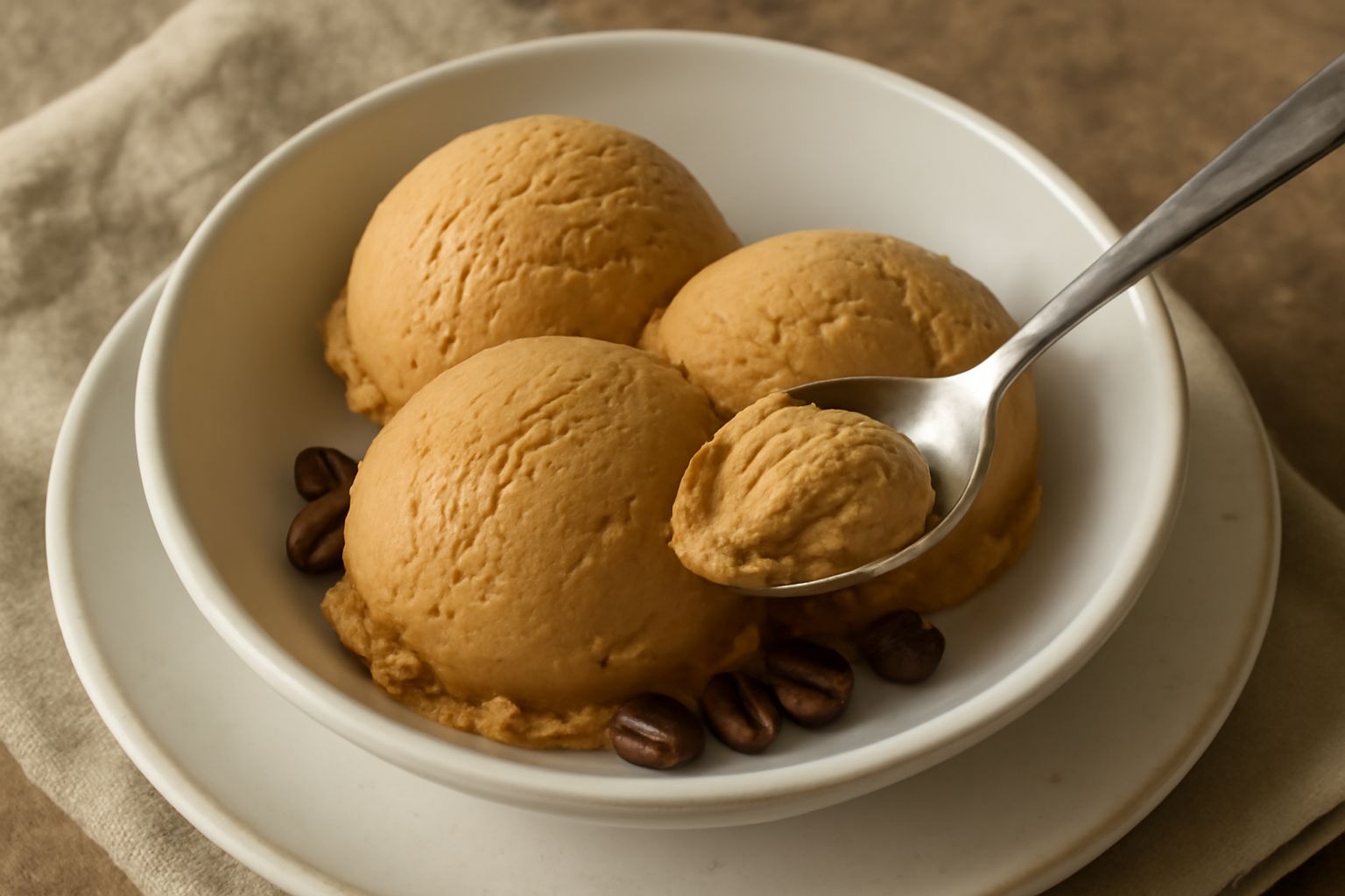 Gelato al caffè di colore marrone chiaro, due palline servite in una coppetta di vetro trasparente con una cucchiaiata di panna bianca accanto, sfondo di chicchi di caffè tostati