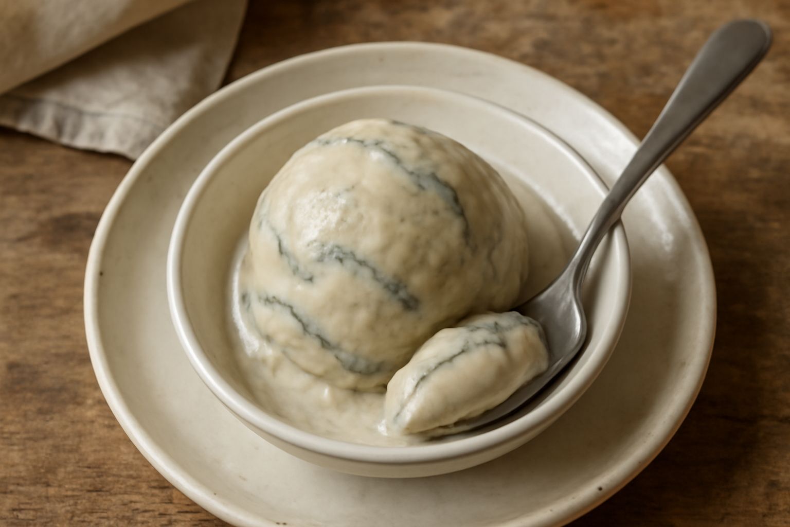 Due palette di gelato al gorgonzola color beige-grigio chiaro con venature azzurre evidenti, servite in coppetta di vetro trasparente su tavolo bianco con cucchiaio da gelato accanto