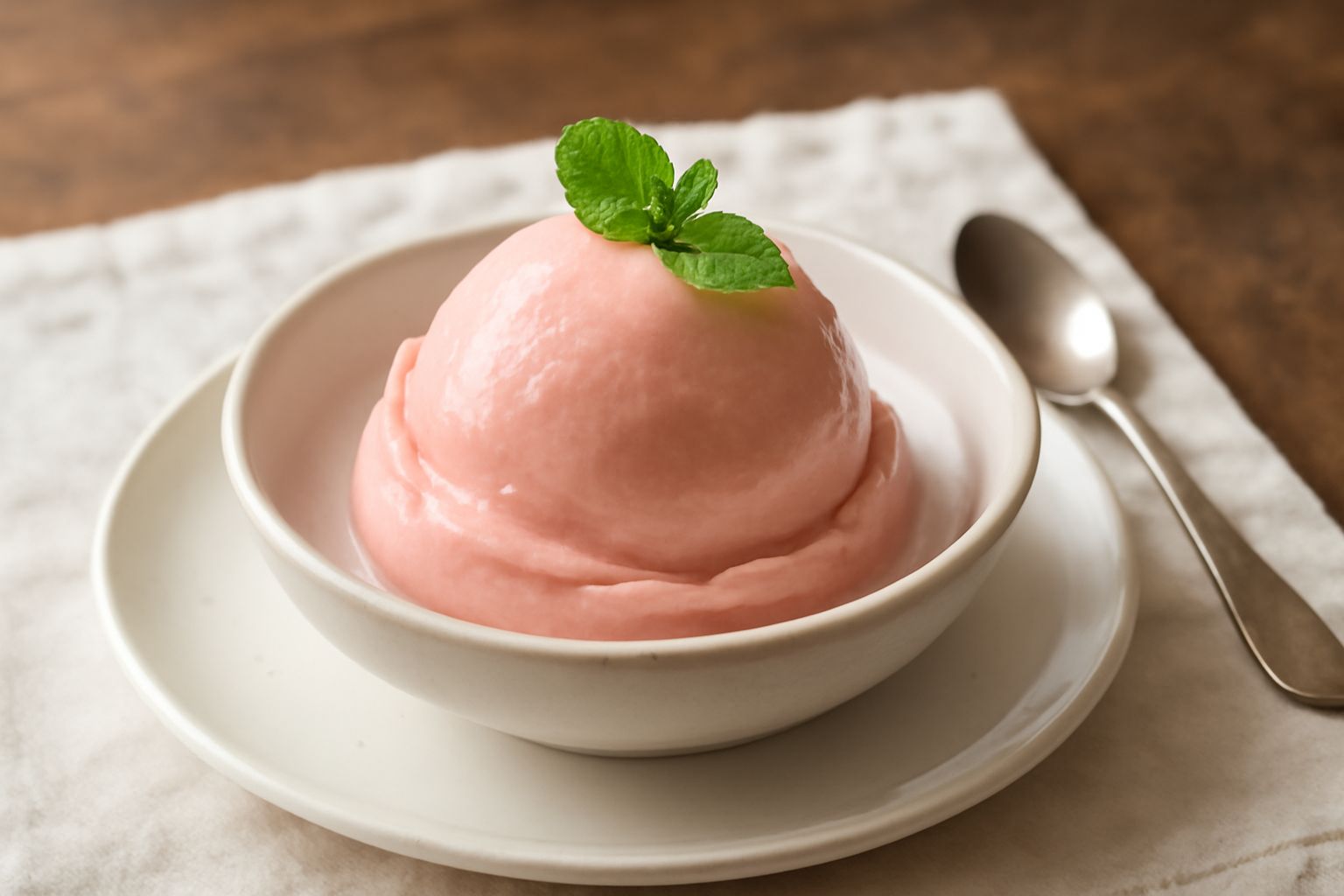 Gelato al Lambrusco servito in coppetta trasparente, colore rosa pallido, superficie liscia e cremosa, guarnito con una foglia di menta fresca e un bicchierino di Lambrusco di lato