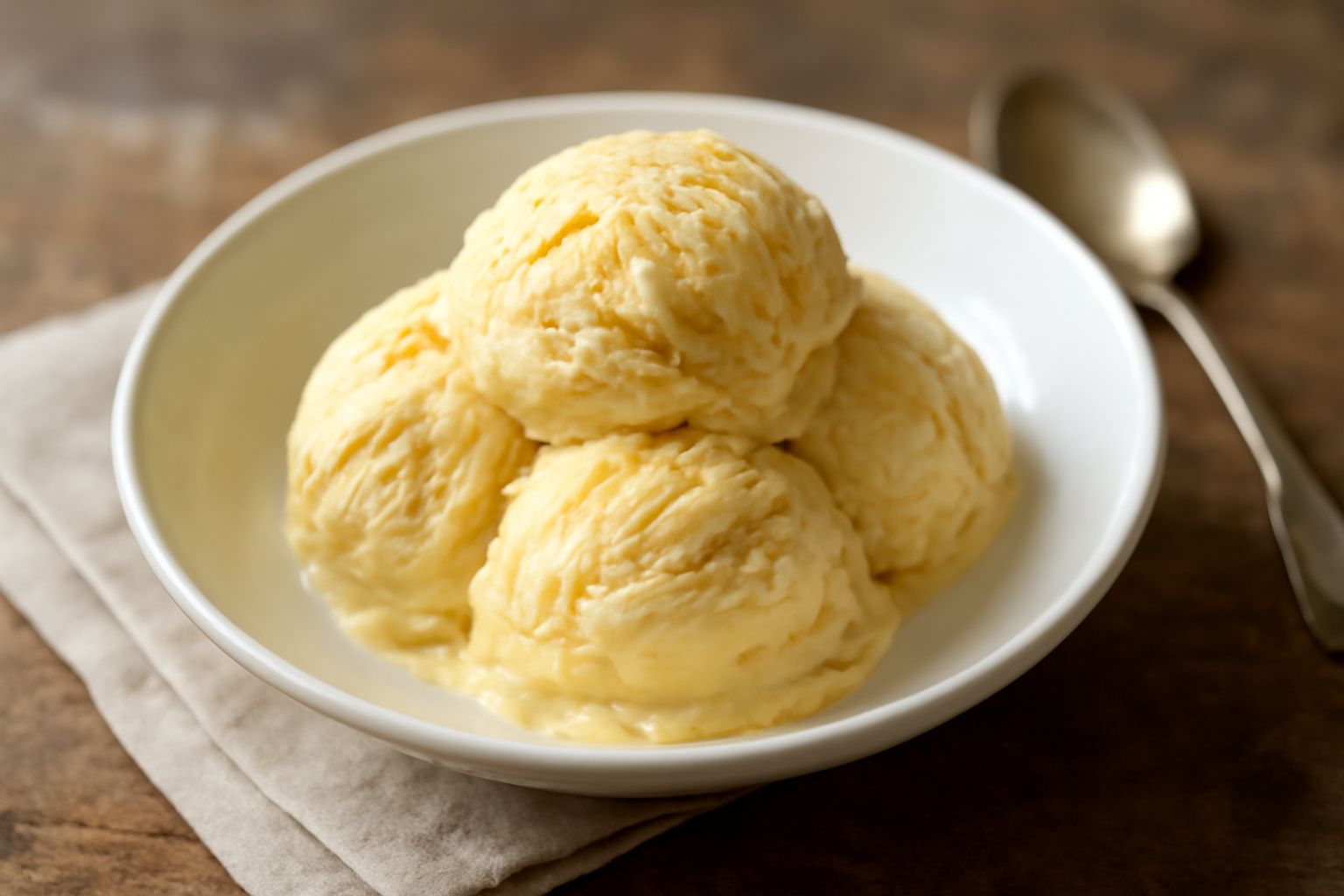 Gelato al genepy color crema pallido con sfumature gialle, servito in coppetta di vetro trasparente, con una palette d'assaggio di legno accanto e qualche fogliolina fresca di genepy sulla superficie