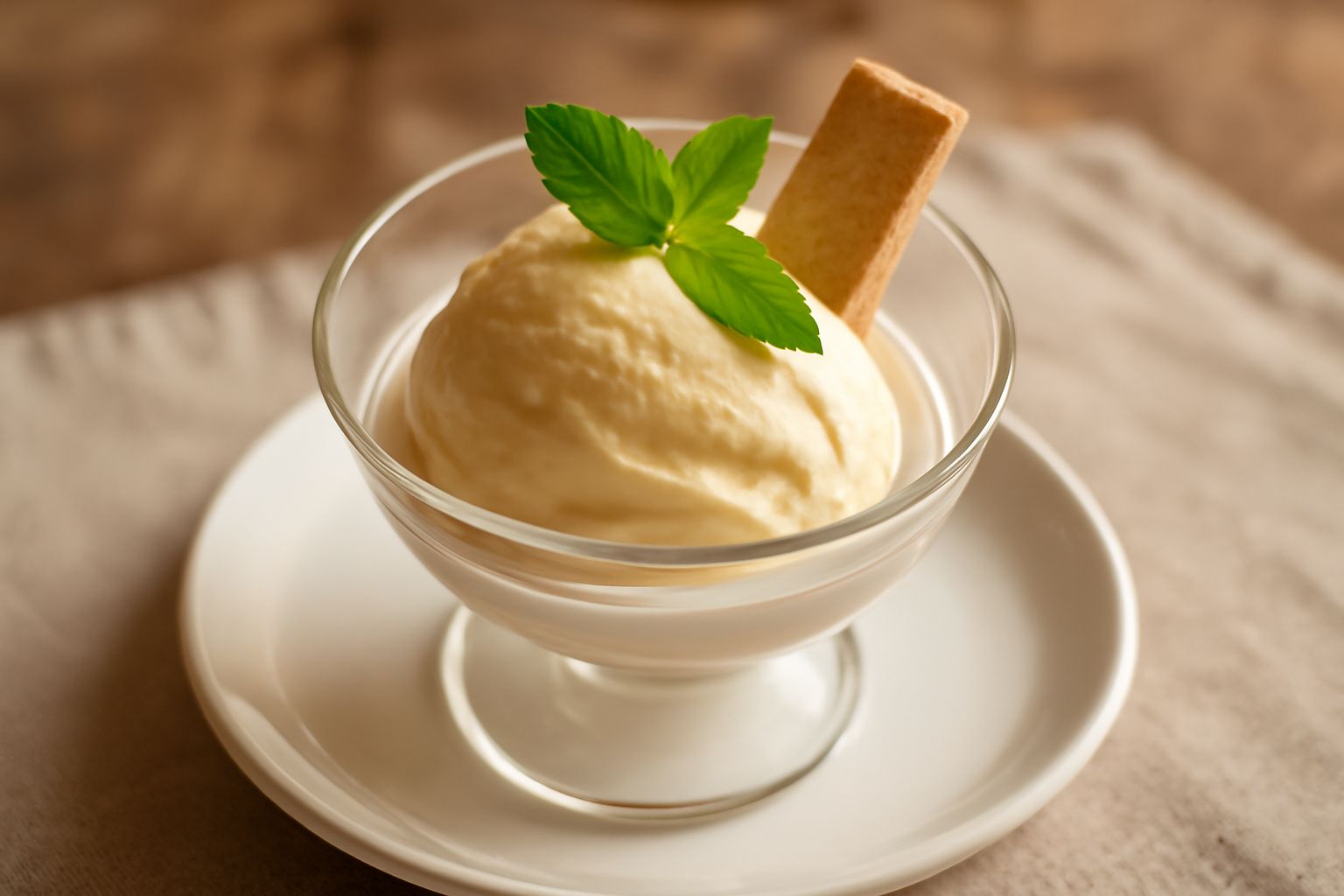 Gelato al malvasia color avorio con riflessi dorati, servito in coppetta di vetro con cucchiaio, guarnito da una foglia di menta verde. Sullo sfondo una bottiglia di malvasia e uova fresche.