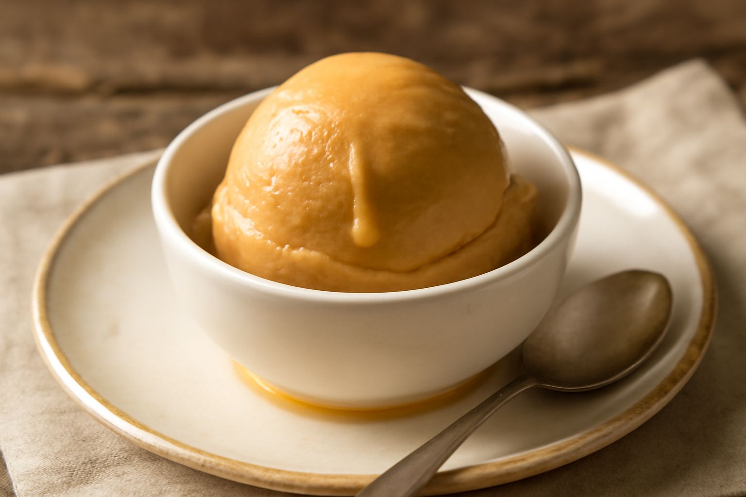 Gelato al miele di castagne di colore beige-nocciola, servito in una coppetta bianca, con una pallina perfettamente sferica, guarnito con un rametto di castagna fresca e una piccola goccia di miele do