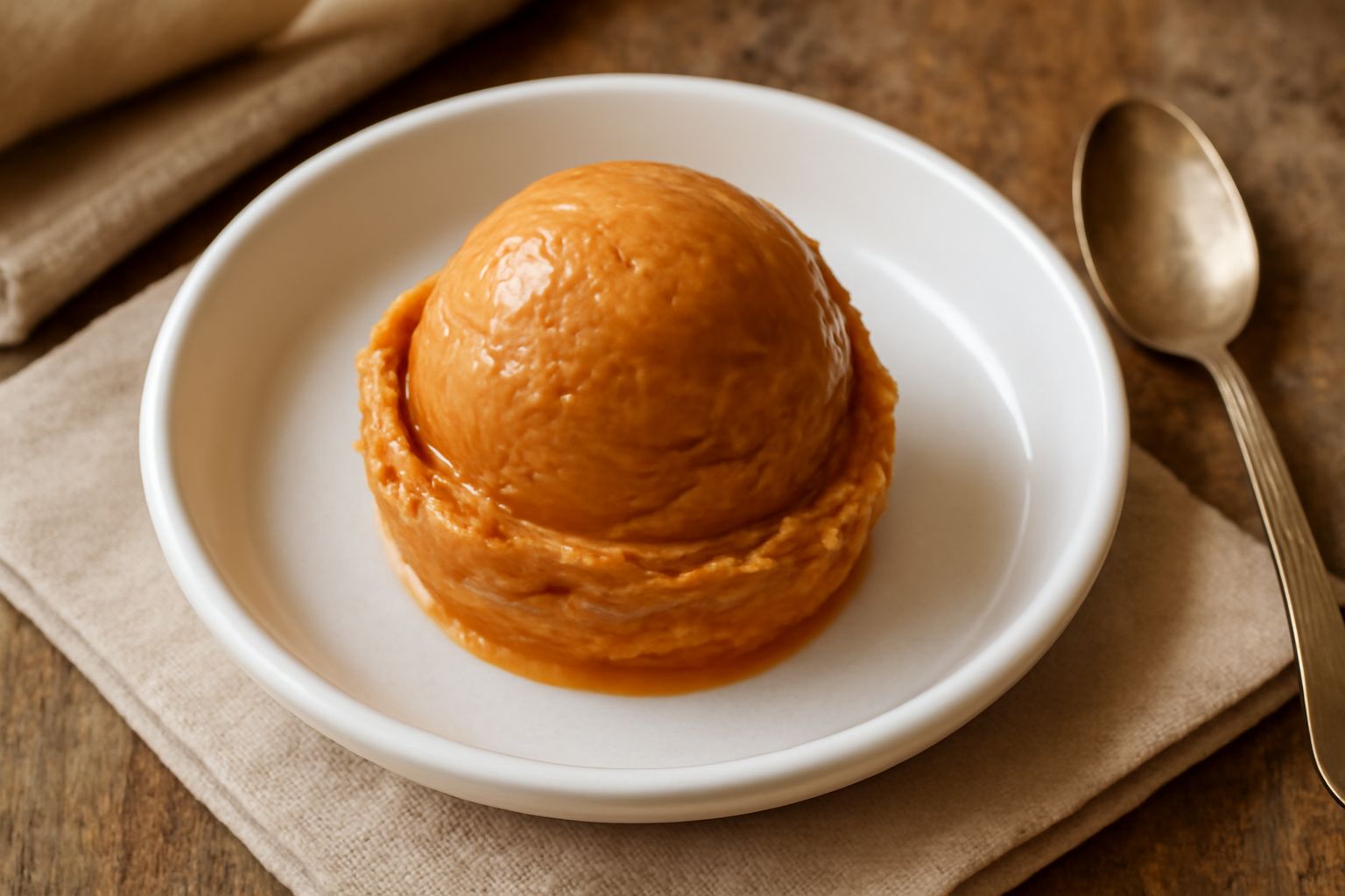 Gelato al nocciolo di colore marrone dorato servito in una coppetta di vetro con una pallina tonda perfettamente formata, guarnito con una nocciola intera tostata sopra e uno stecco di legno, sfondo b