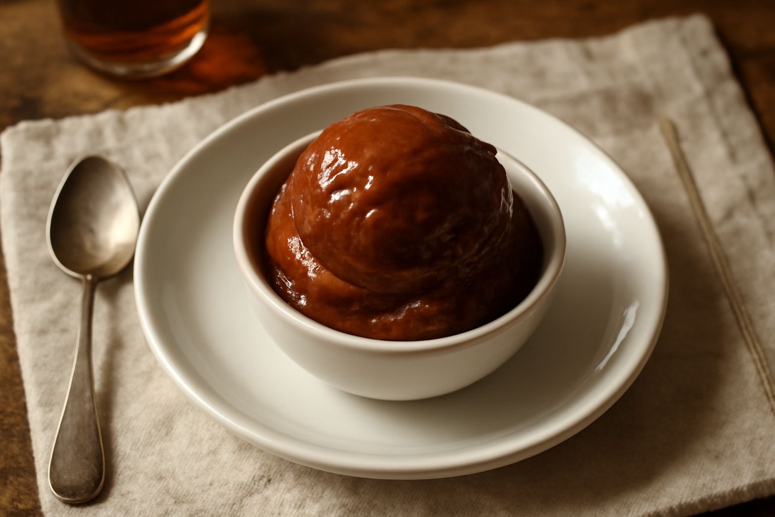 Un gelato color marrone scuro con riflessi nocciola, servito in una coppetta bianca con una guarnizione di gocce di nocino e una fogliolina di menta fresca, con un cucchiaio accanto