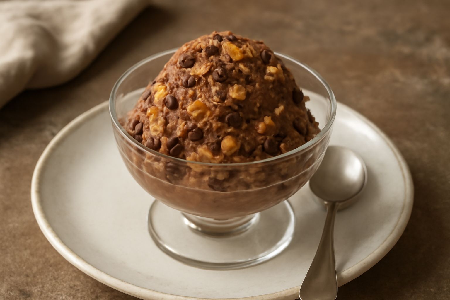 Gelato al pampepato color marrone scuro con venature di cioccolato, servito in coppetta di vetro trasparente, con pezzetti visibili di frutta candita e granella di pistacchio sulla superficie