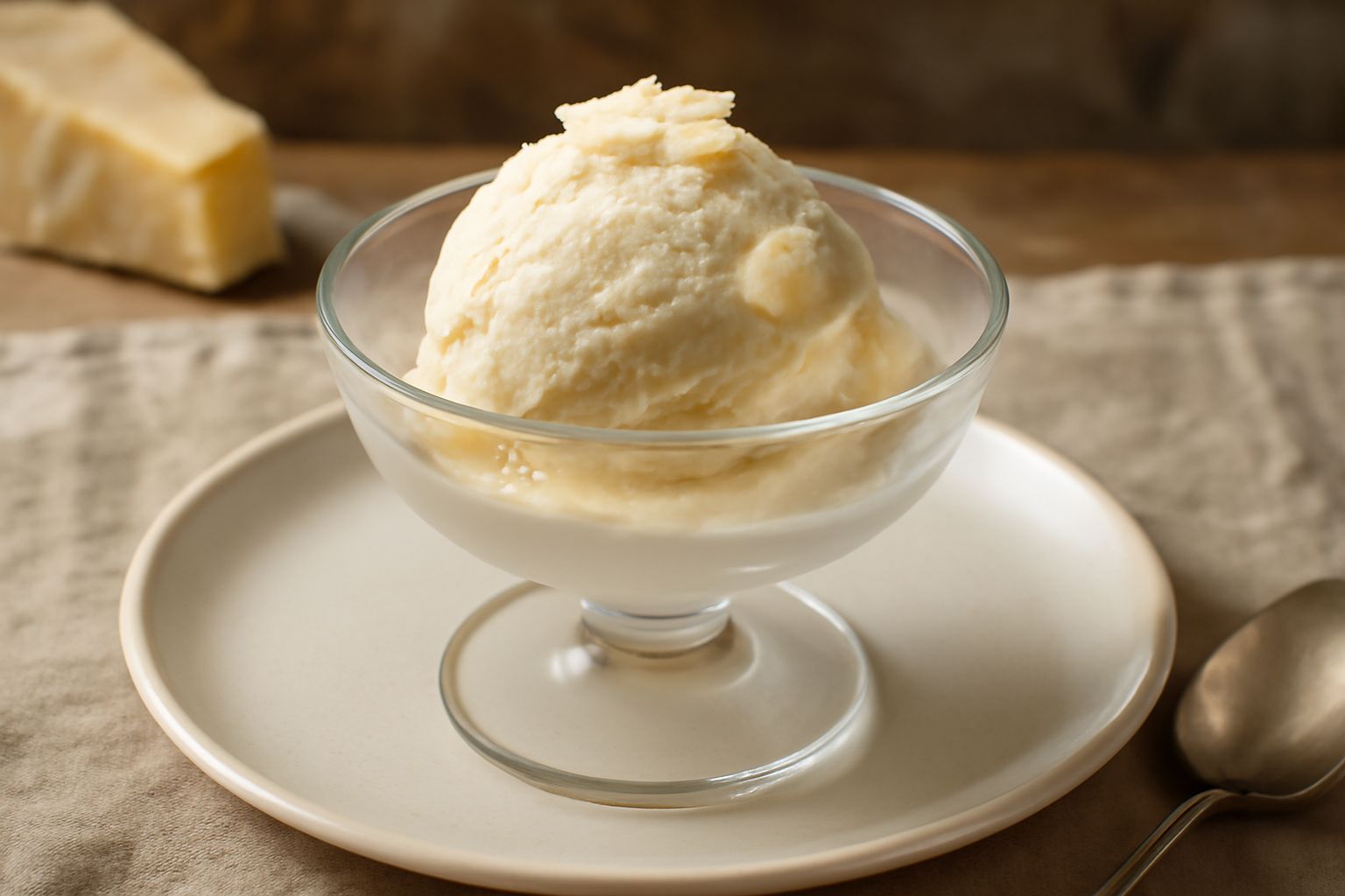 Gelato al Parmigiano color crema pallido in coppa di vetro, con una leggera granulosità visibile, due cucchiai di legno, accompagnato da piccoli pezzetti di Parmigiano grattugiato sul bordo del piatto